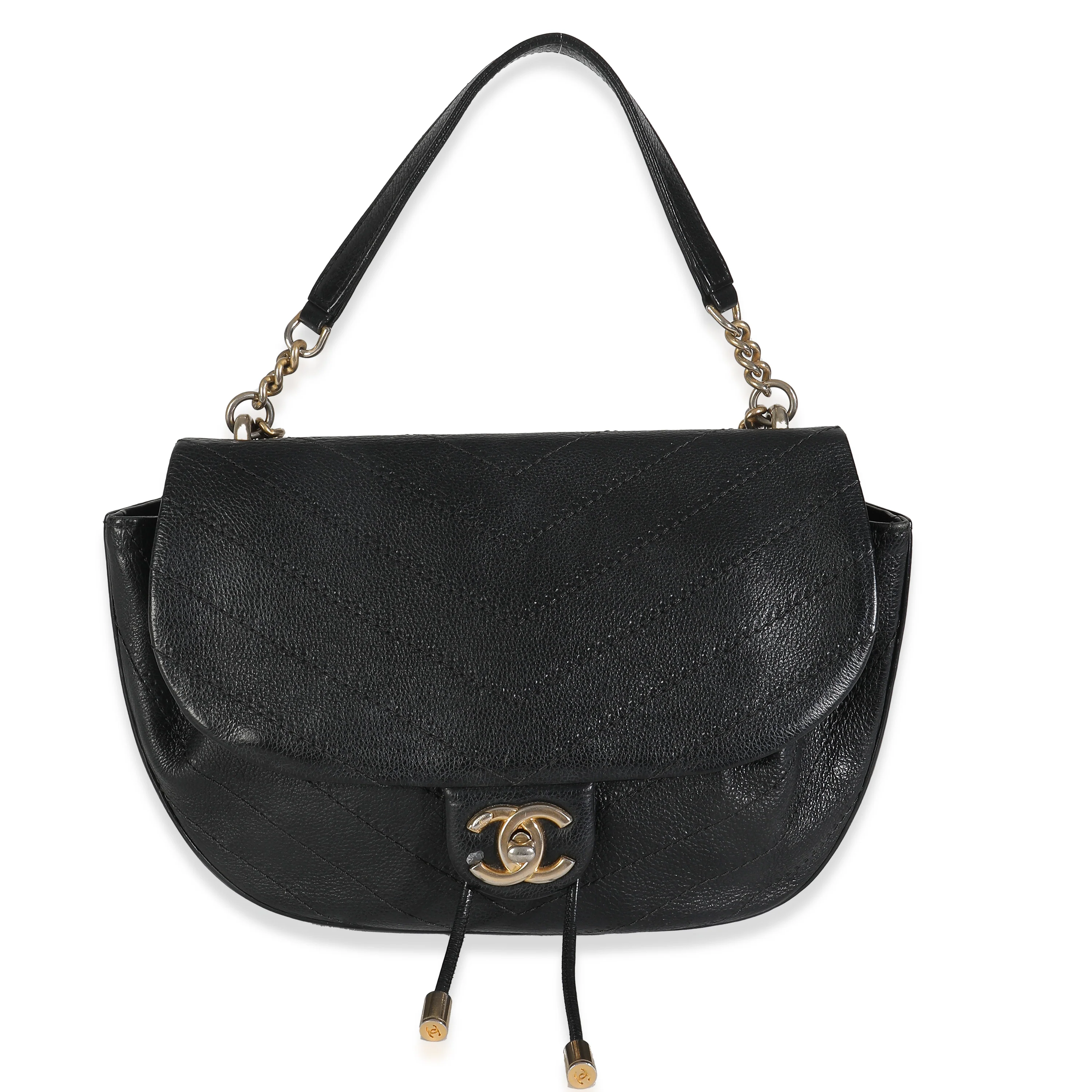 Black Quilted Calfskin Drawstring Chain Flap Bag