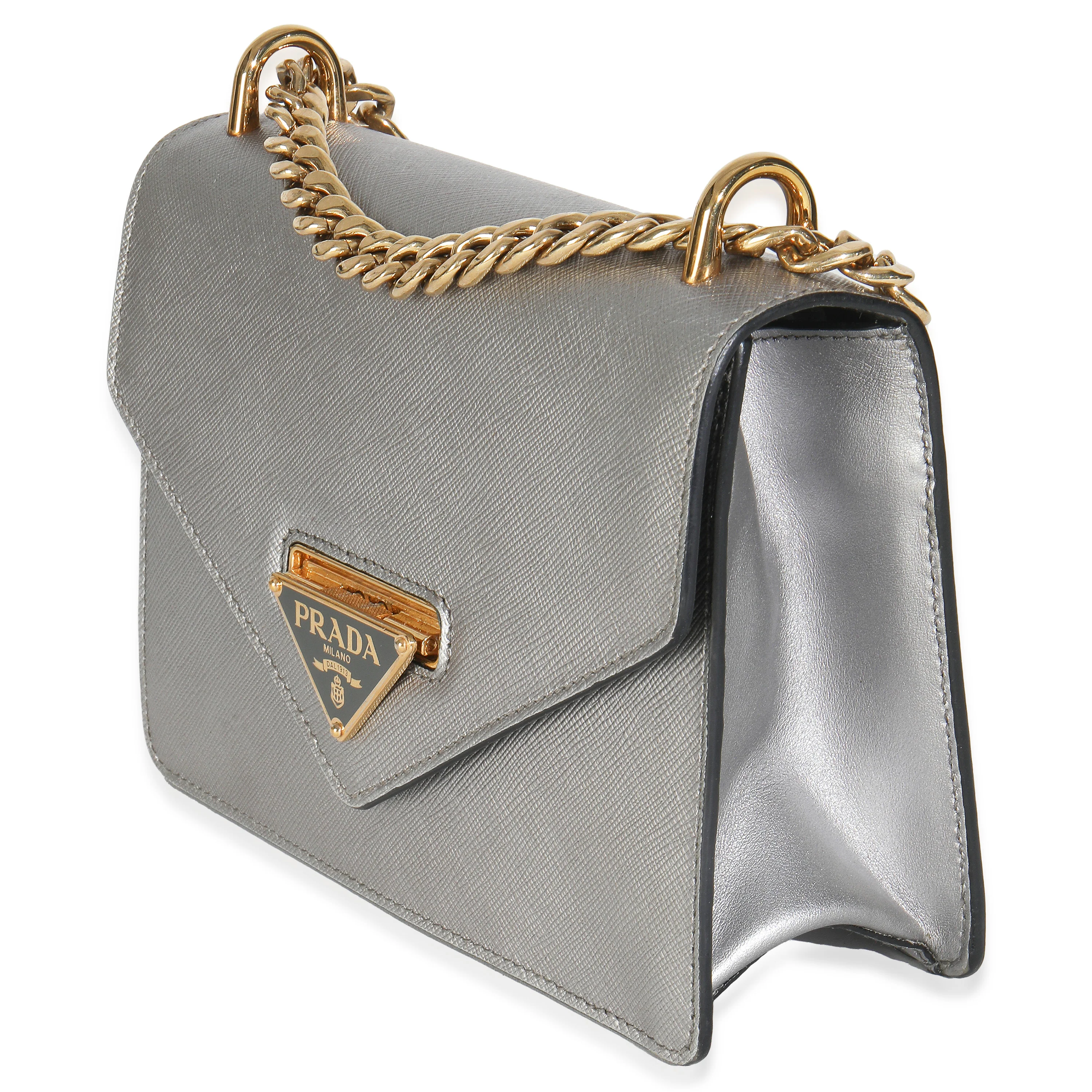 Silver Saffiano Soft Calfskin Metal Triangle Logo Envelope Chain Bag - Image 2