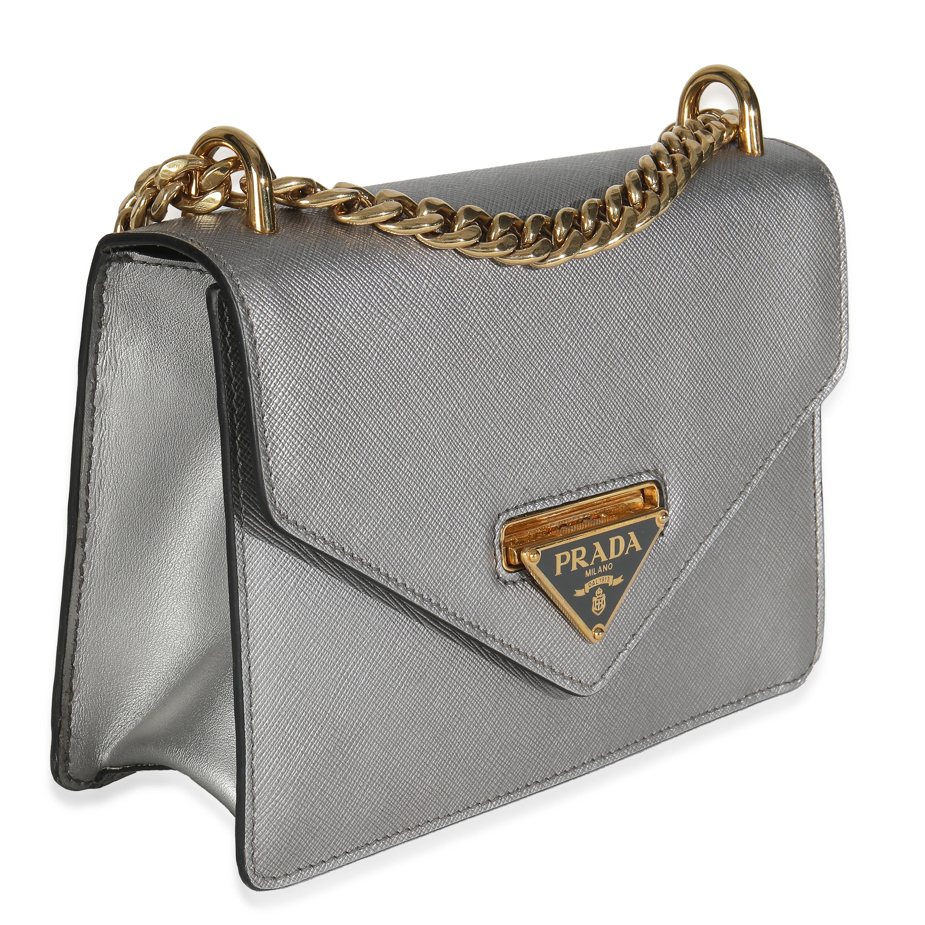 Silver Saffiano Soft Calfskin Metal Triangle Logo Envelope Chain Bag - Image 3