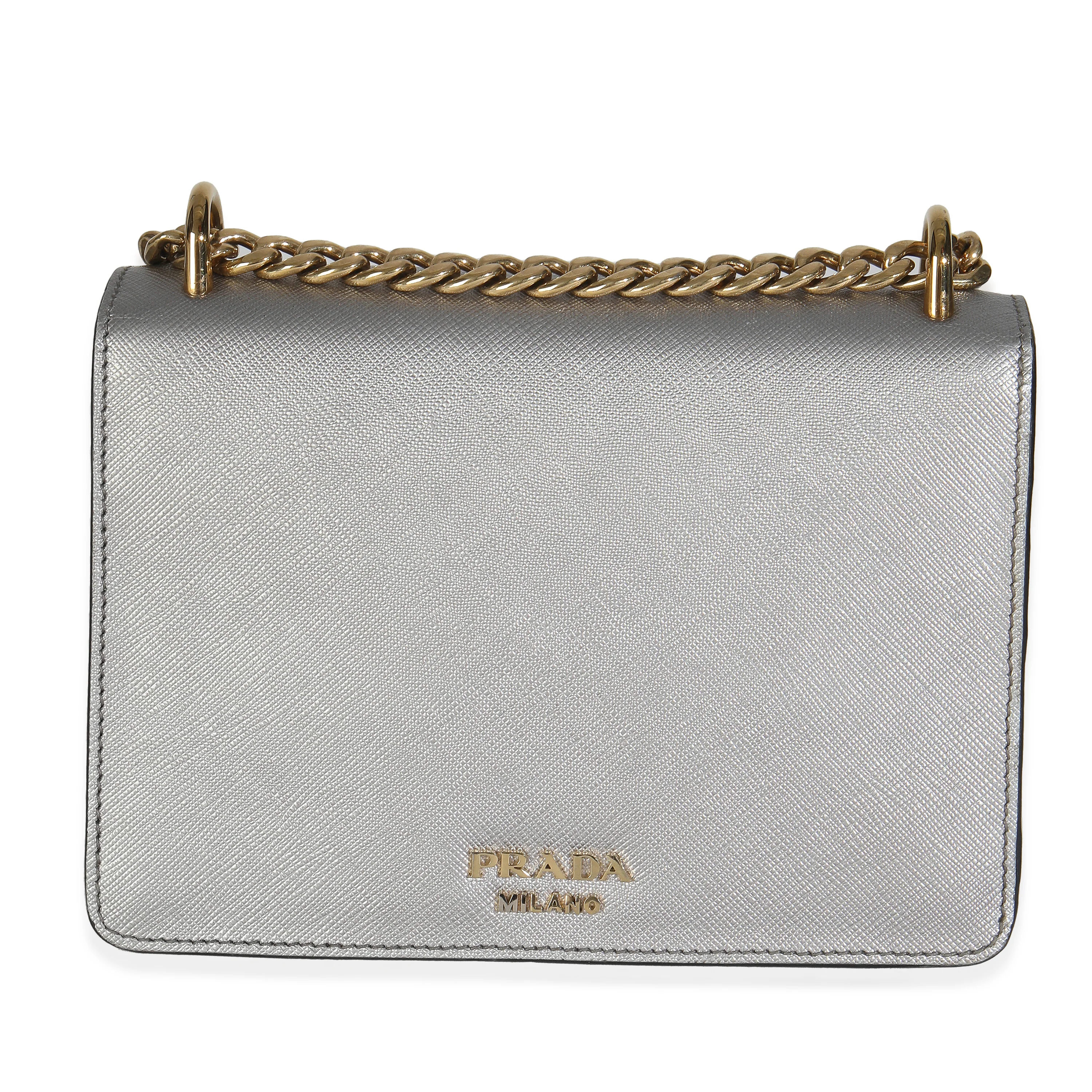 Silver Saffiano Soft Calfskin Metal Triangle Logo Envelope Chain Bag - Image 4
