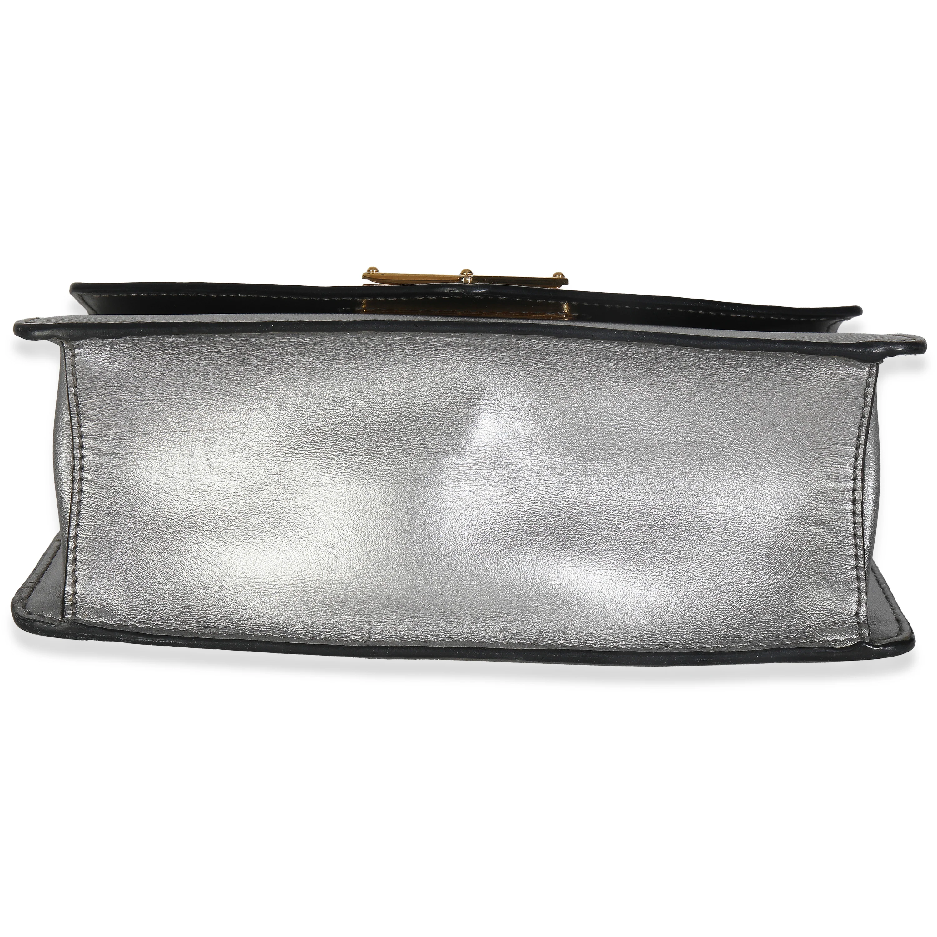Silver Saffiano Soft Calfskin Metal Triangle Logo Envelope Chain Bag - Image 5