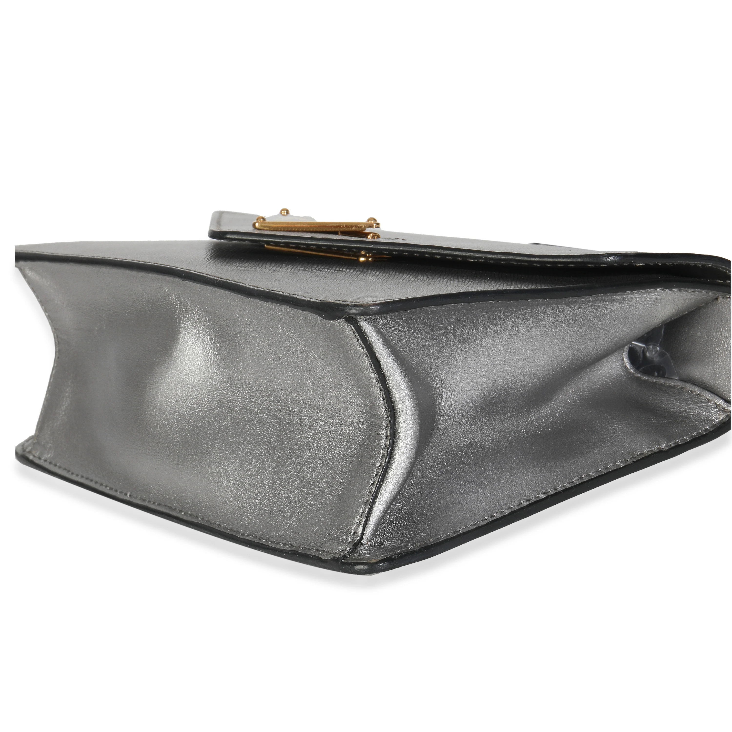 Silver Saffiano Soft Calfskin Metal Triangle Logo Envelope Chain Bag - Image 6