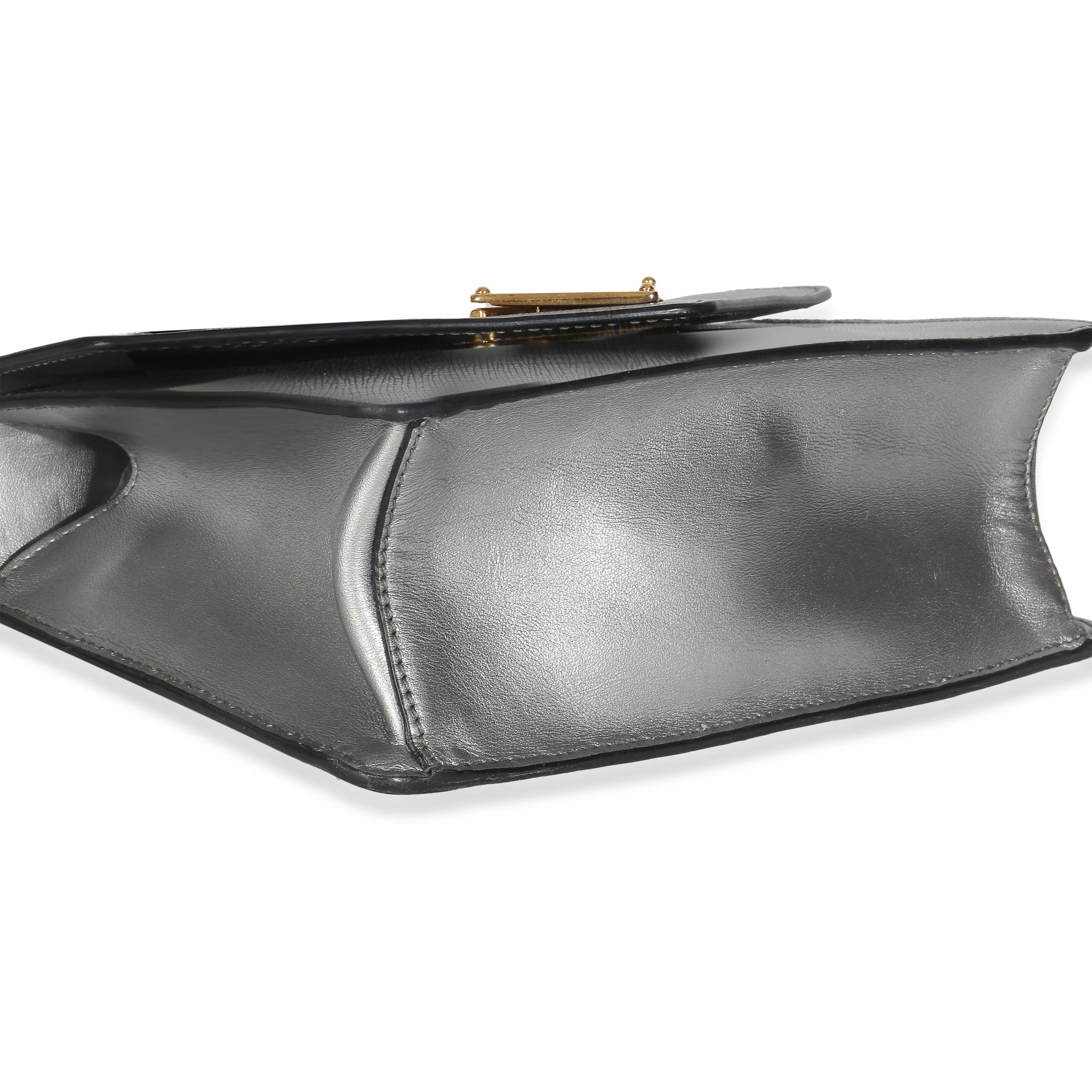 Silver Saffiano Soft Calfskin Metal Triangle Logo Envelope Chain Bag - Image 7