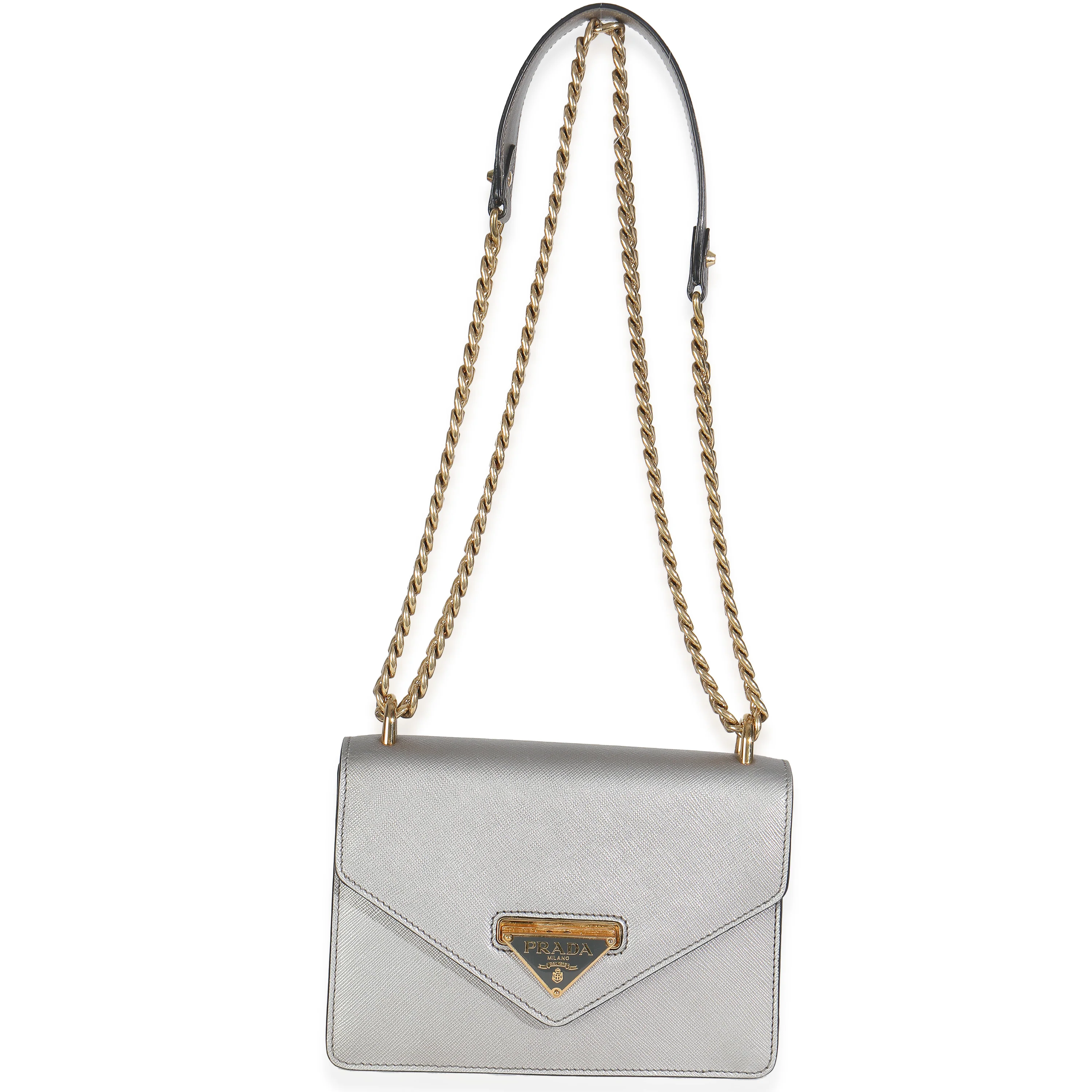 Silver Saffiano Soft Calfskin Metal Triangle Logo Envelope Chain Bag - Image 8