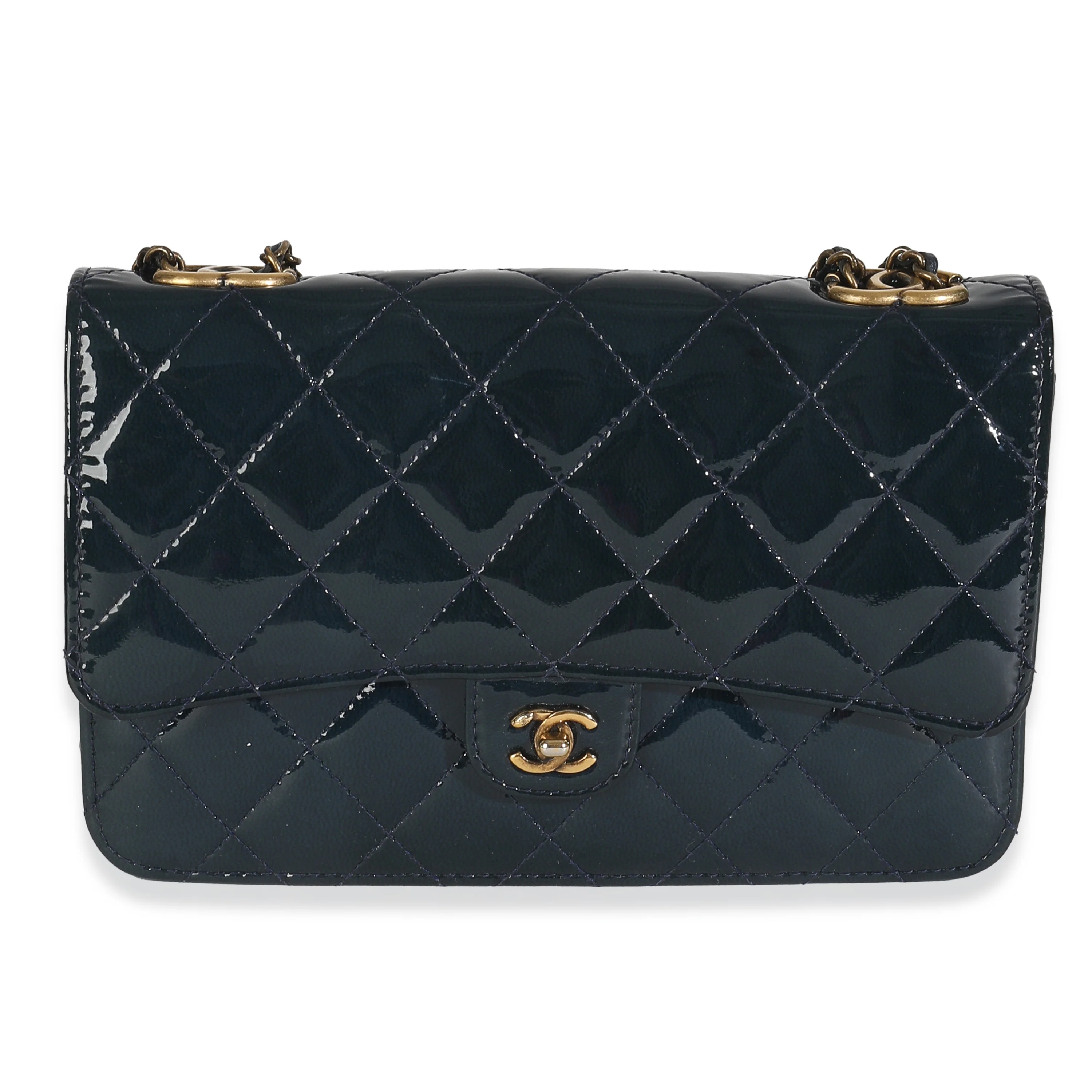 Navy Patent Goatskin Quilted CC Eyelet Wallet On Chain
