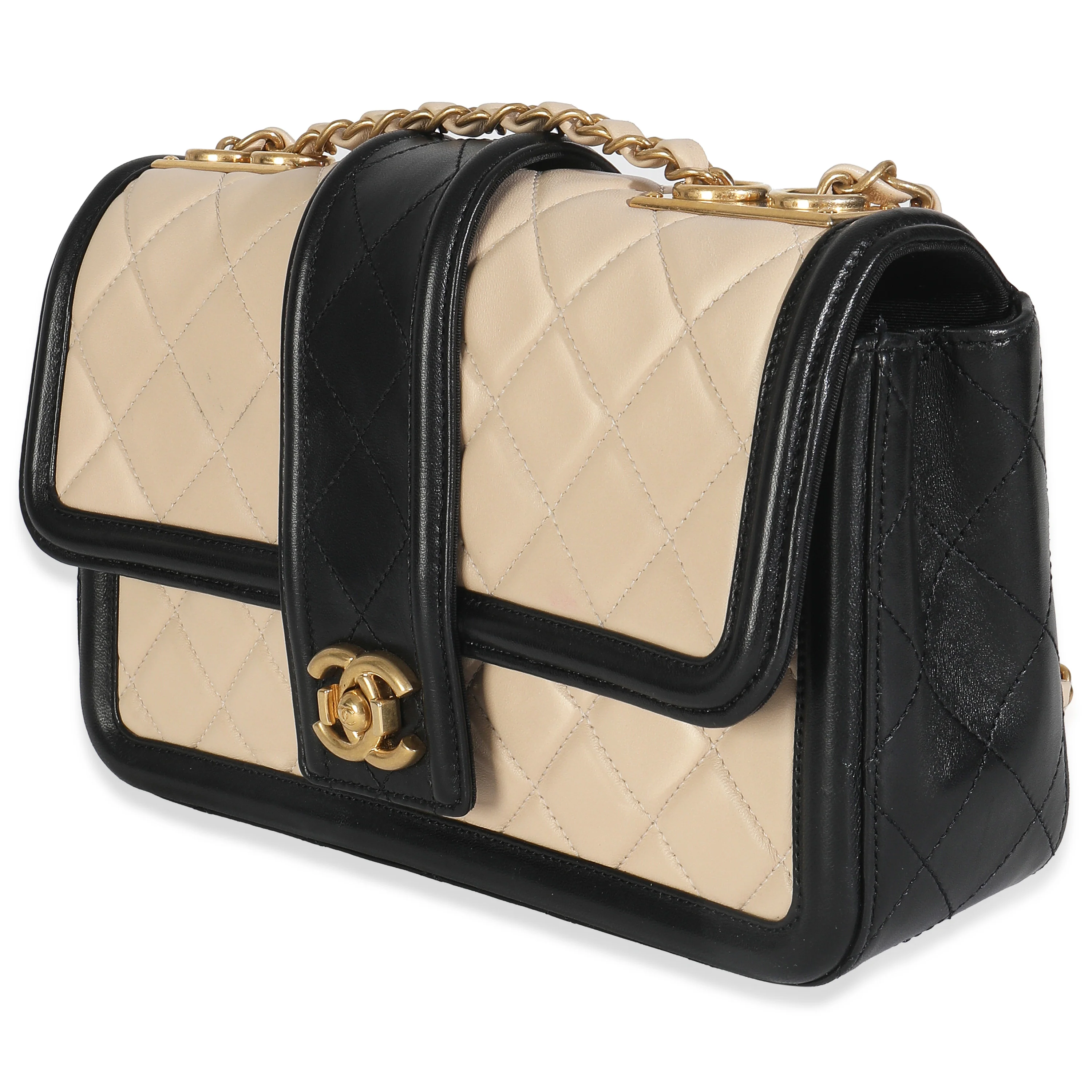 Beige Black Quilted Lambskin Medium Elegant CC Flap Bag - Image 2