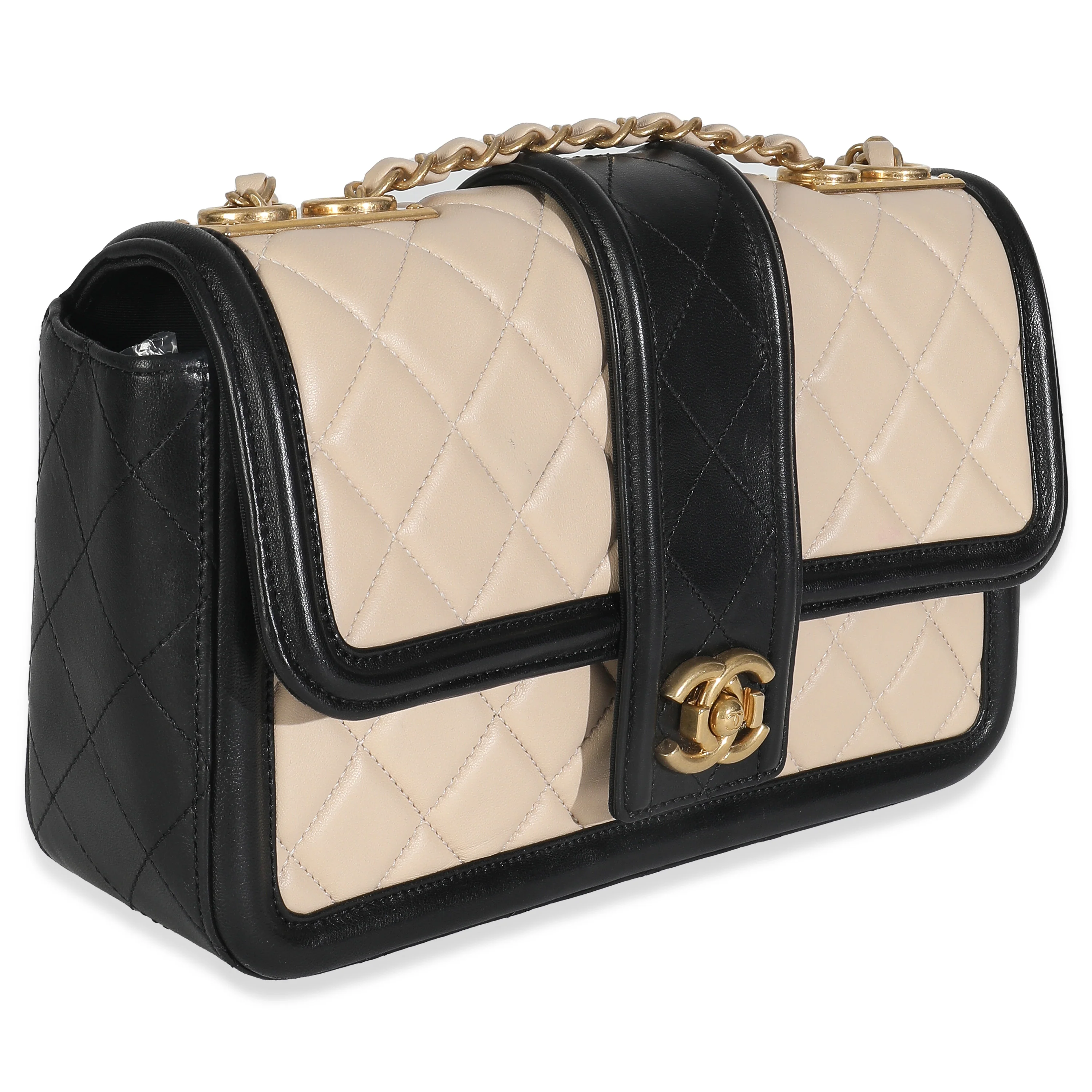Beige Black Quilted Lambskin Medium Elegant CC Flap Bag - Image 3