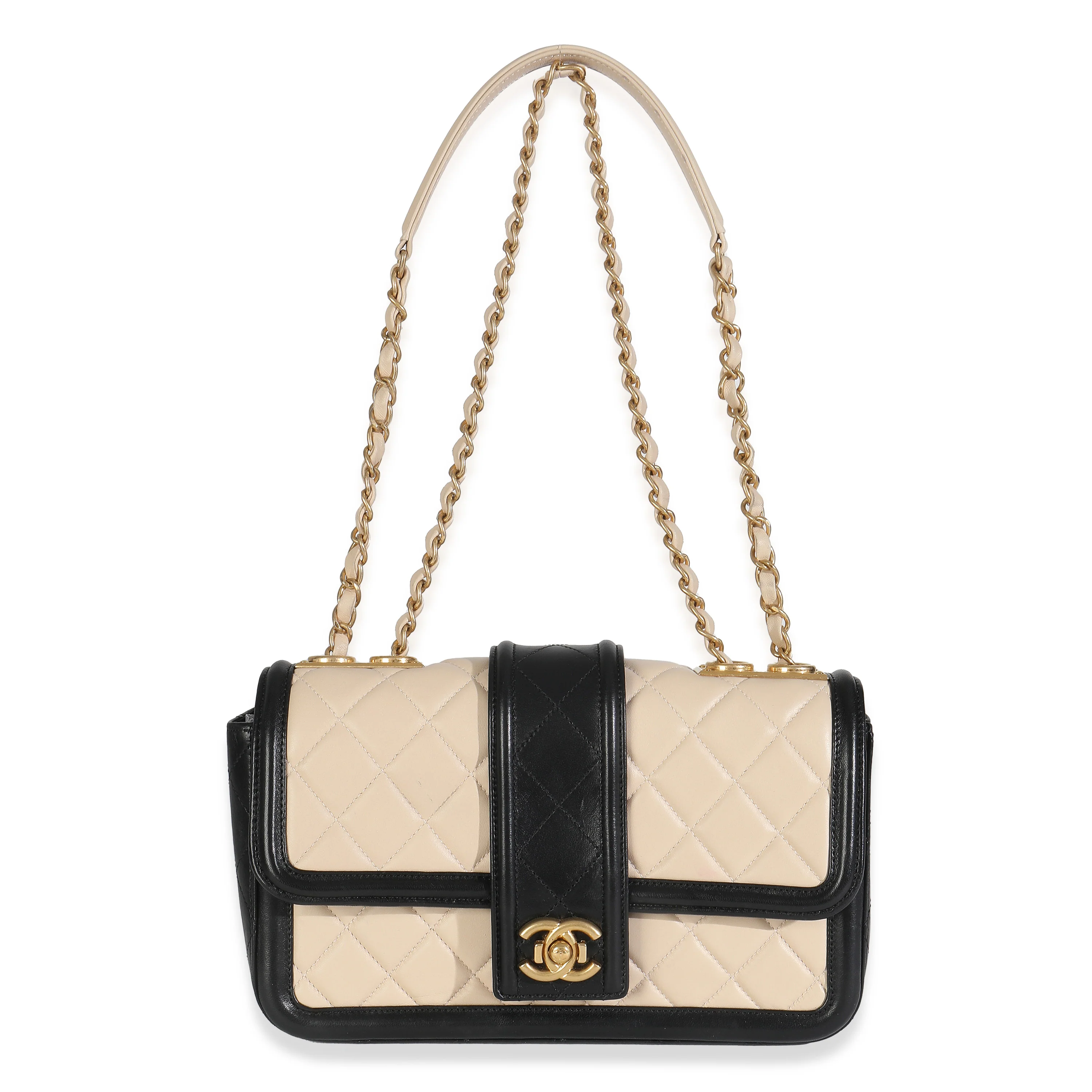 Beige Black Quilted Lambskin Medium Elegant CC Flap Bag - Image 8