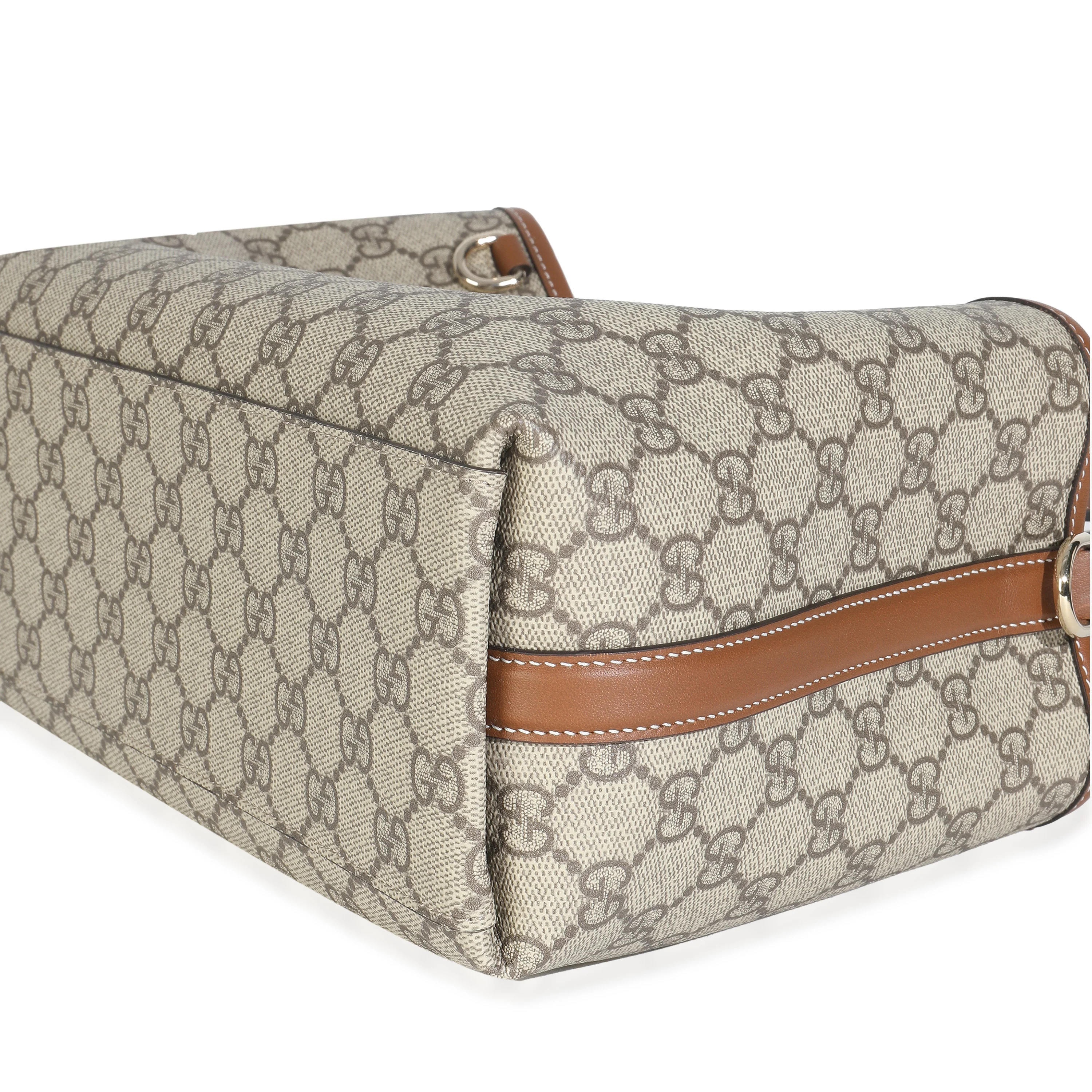 Dark Brown Beige GG Canvas Emblem Small Tote Bag - Image 6