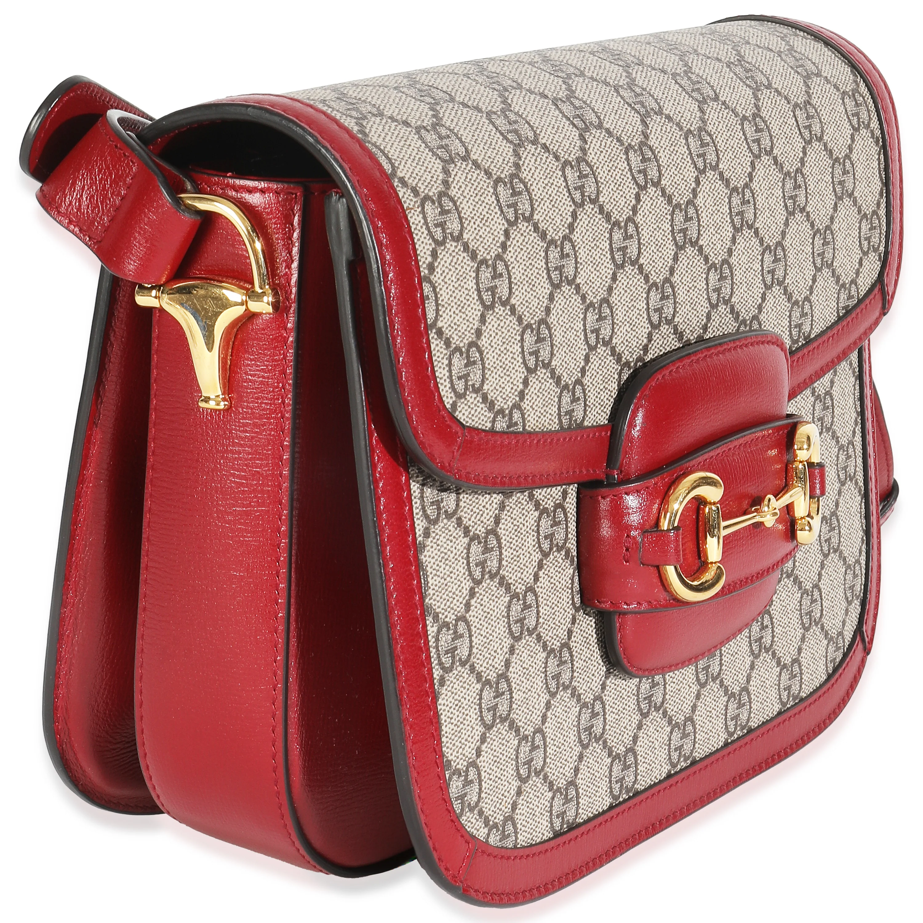 Cherry Red Beige GG Supreme Azalea Calfskin Horsebit 1955 Shoulder Bag - Image 3