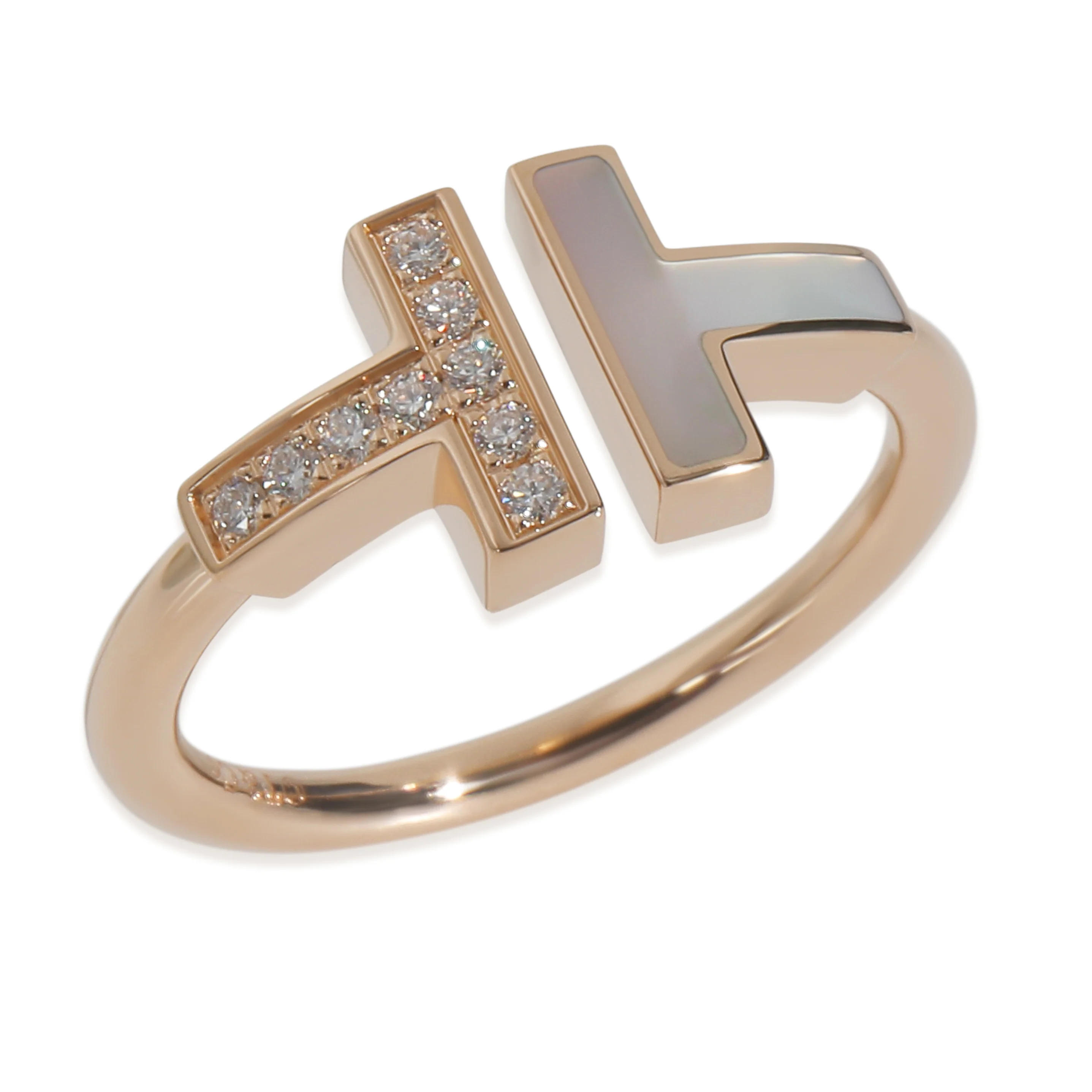 Rose Gold Mother Of Pearl and Diamond Tiffany T Wire Ring - Image 5