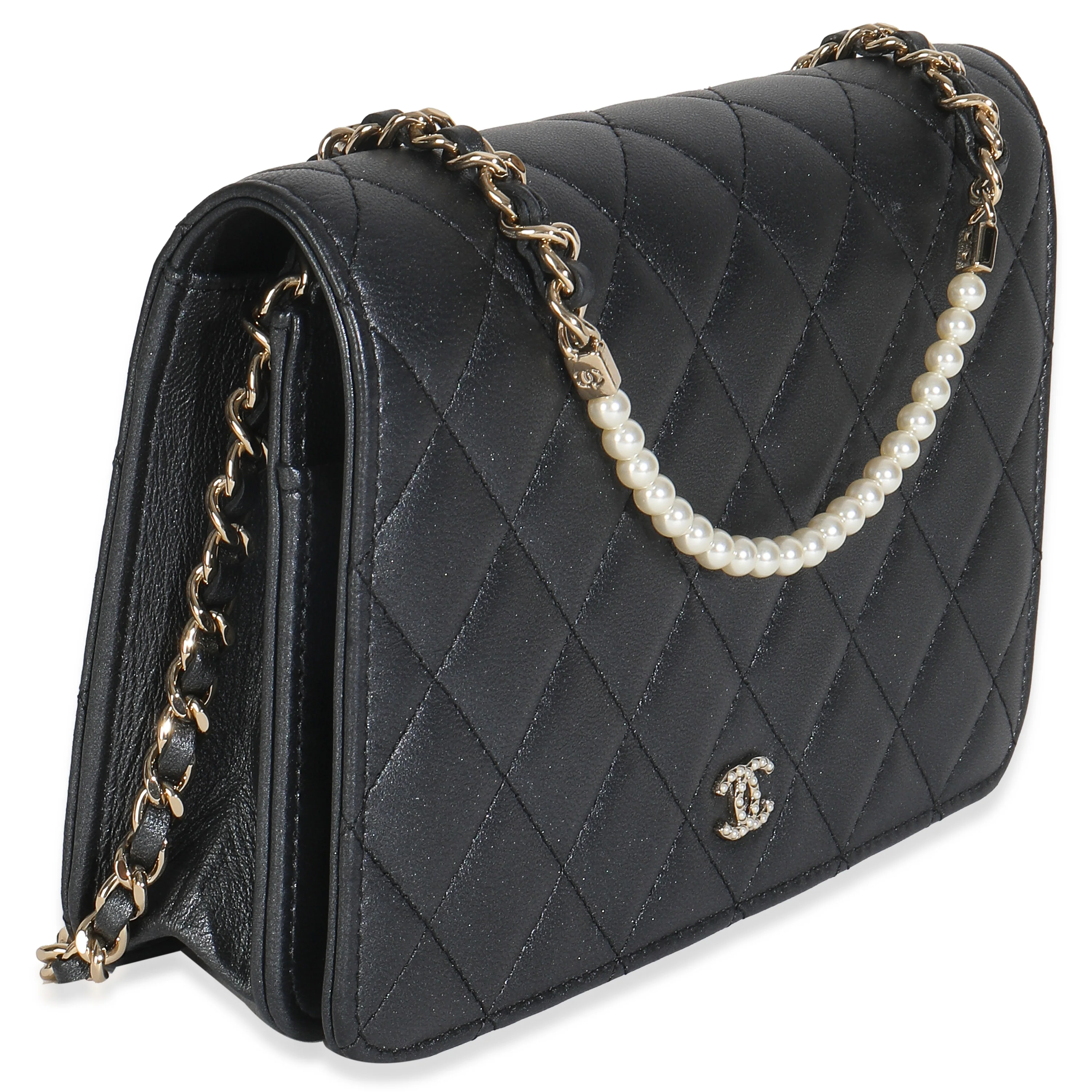 Dark Grey Iridescent Quilted Lambskin Pearl Wallet On Chain - Image 2