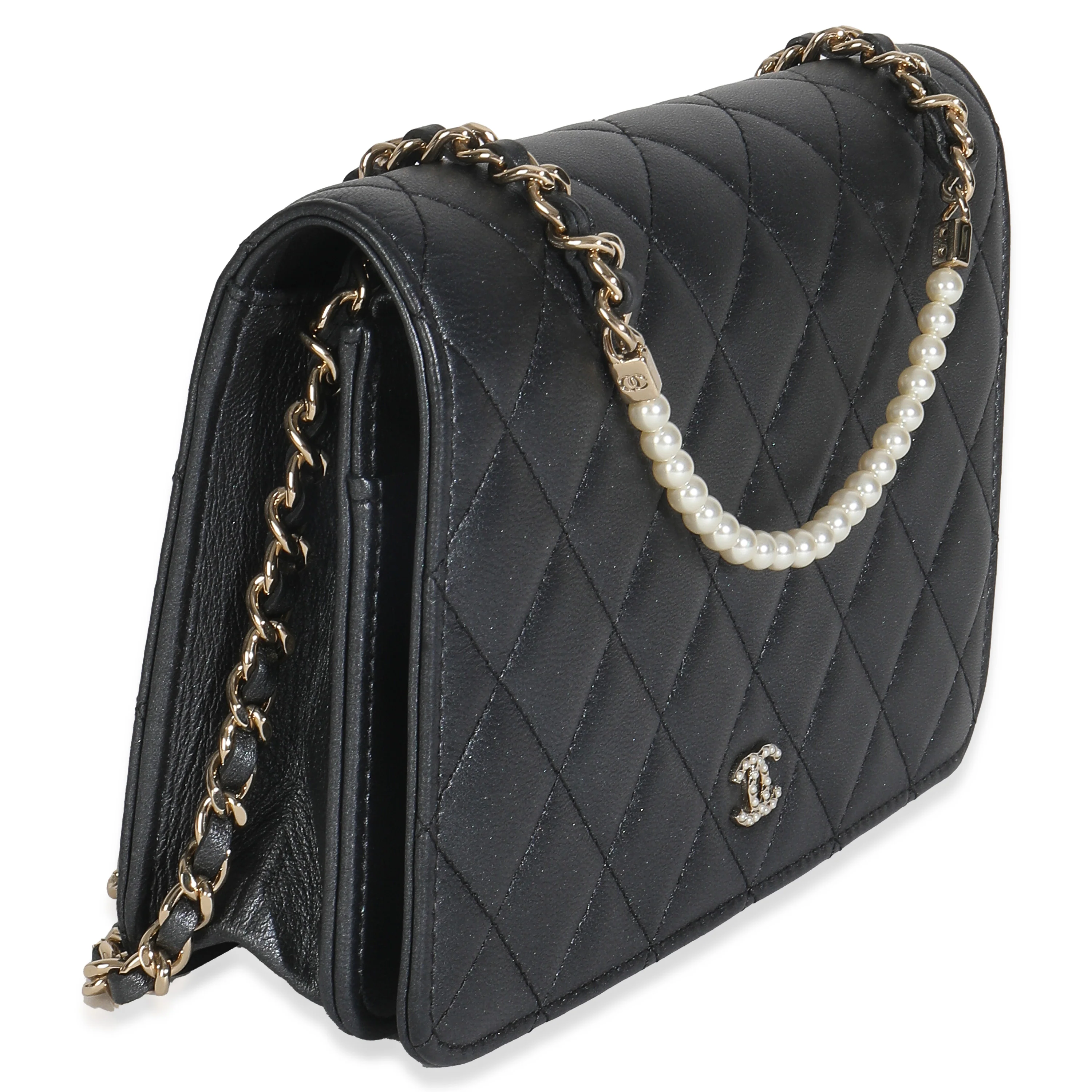 Dark Grey Iridescent Quilted Lambskin Pearl Wallet On Chain - Image 3