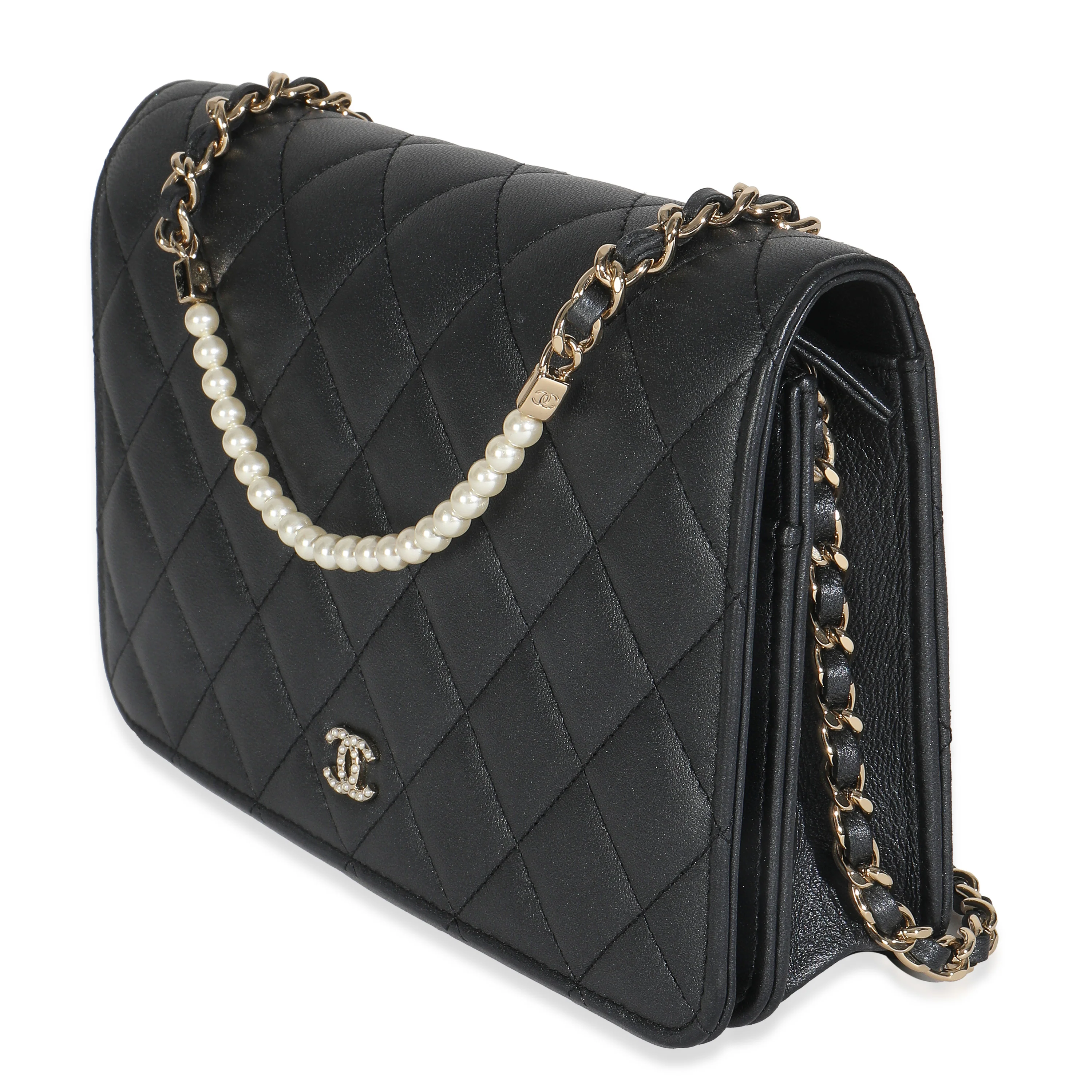 Dark Grey Iridescent Quilted Lambskin Pearl Wallet On Chain - Image 4