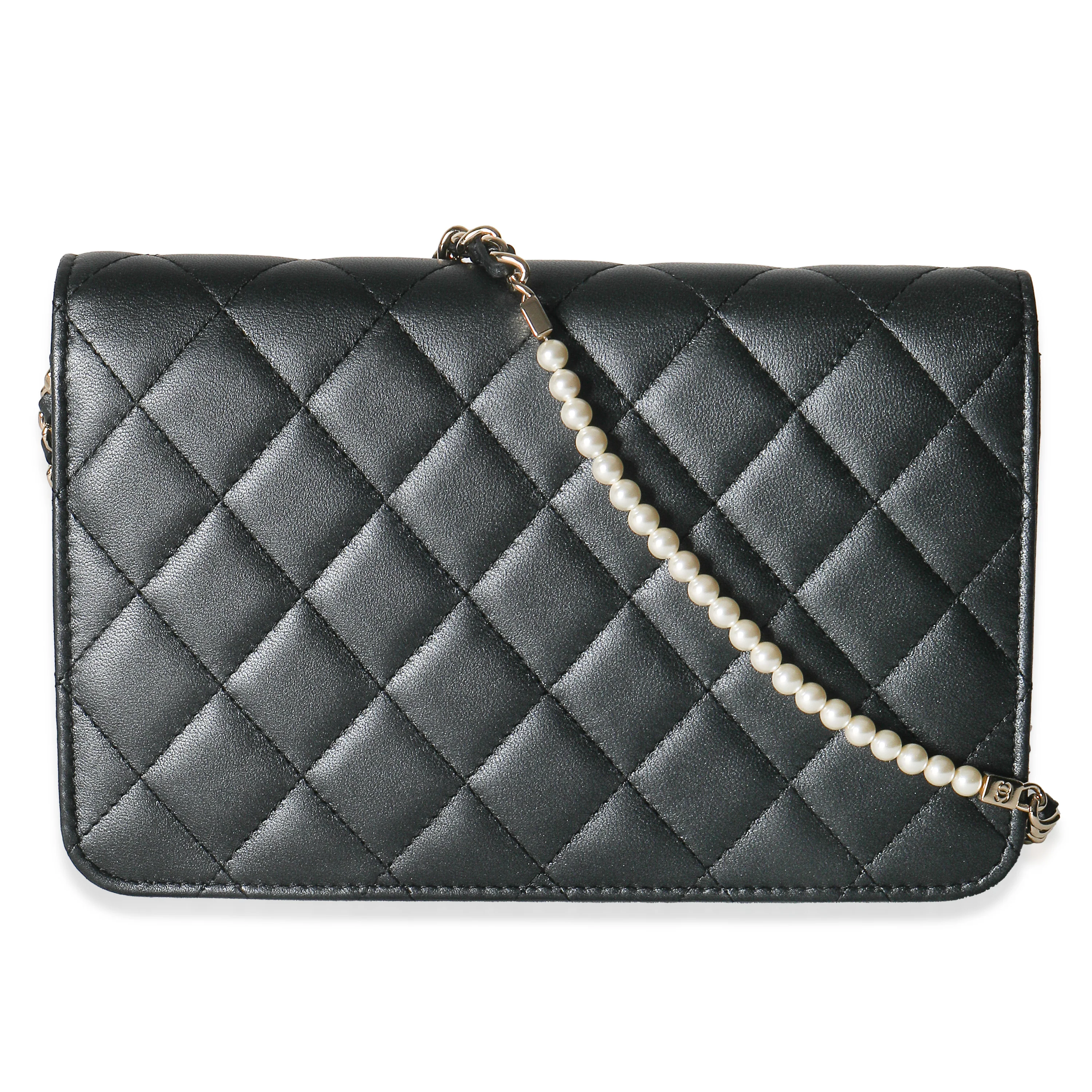 Dark Grey Iridescent Quilted Lambskin Pearl Wallet On Chain - Image 5