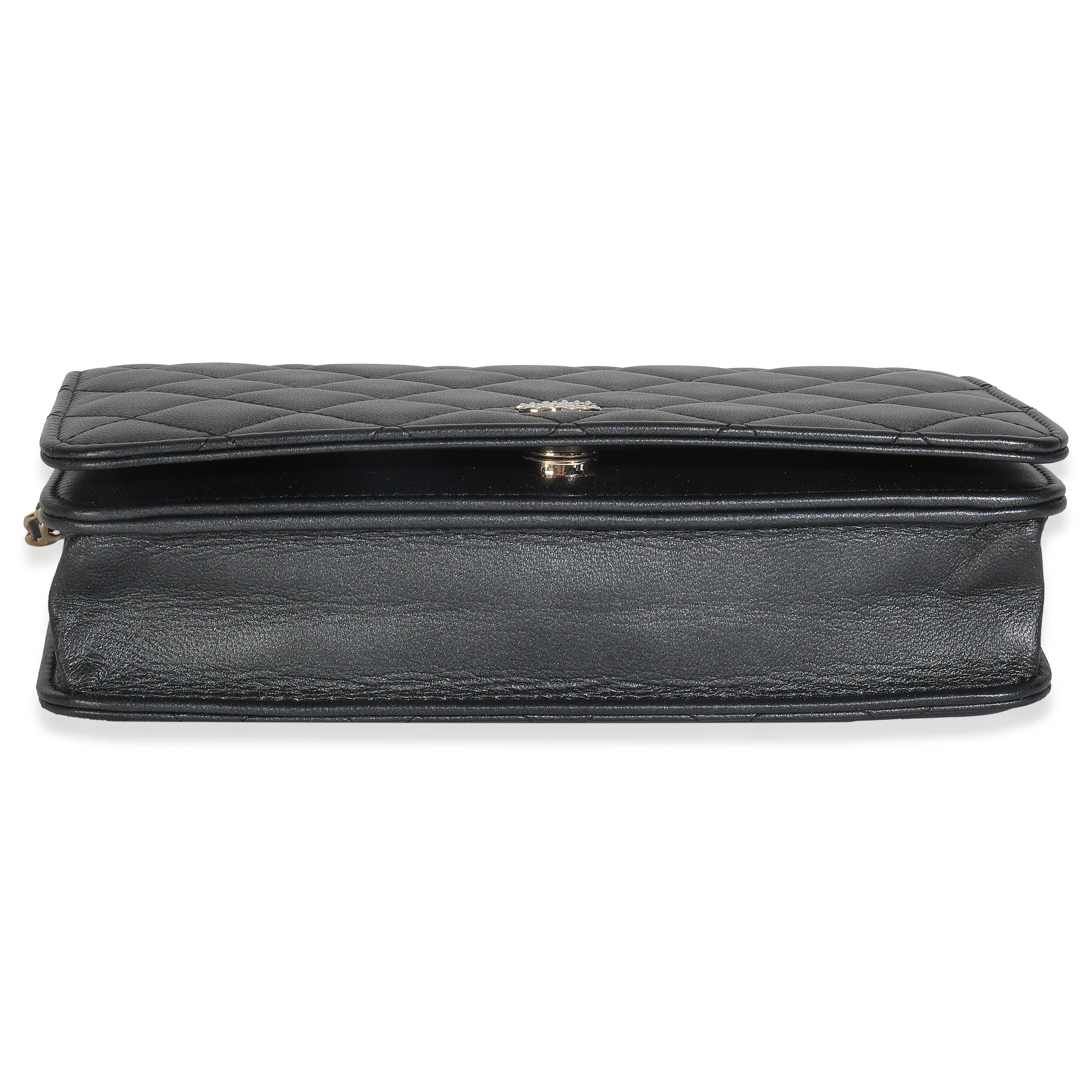 Dark Grey Iridescent Quilted Lambskin Pearl Wallet On Chain - Image 7