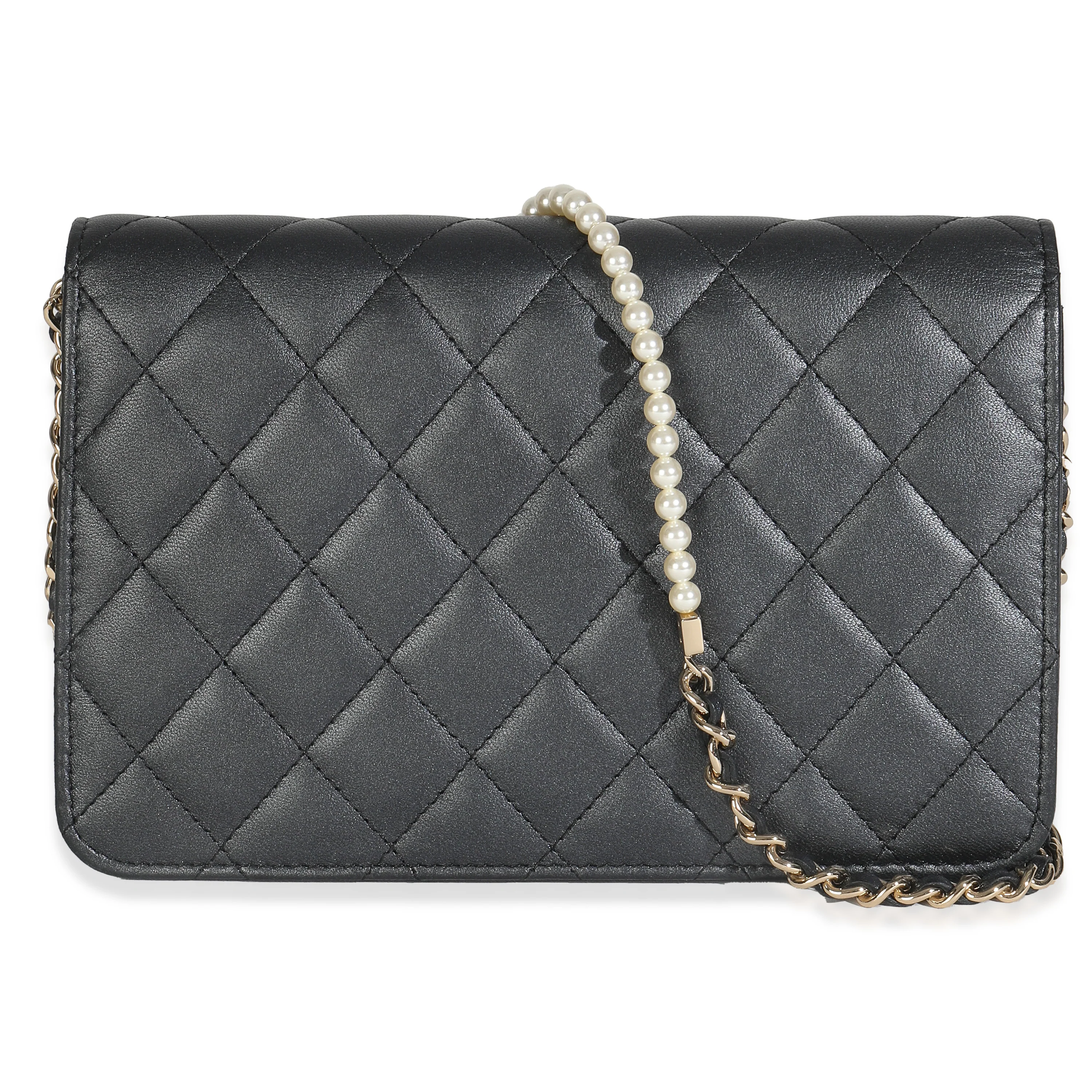 Dark Grey Iridescent Quilted Lambskin Pearl Wallet On Chain - Image 9