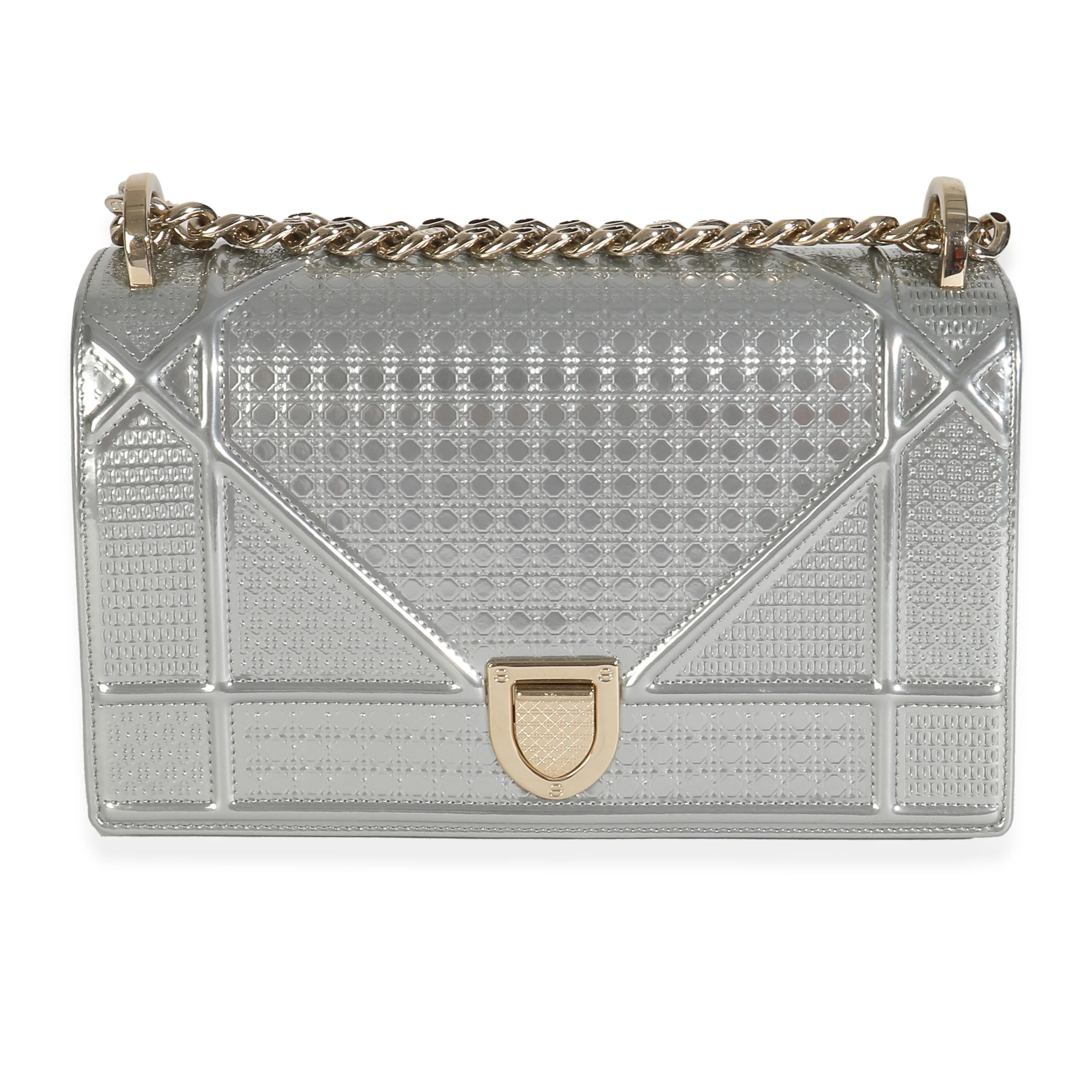 Silver Metallic Patent Micro-Cannage Small Diorama Flap Bag