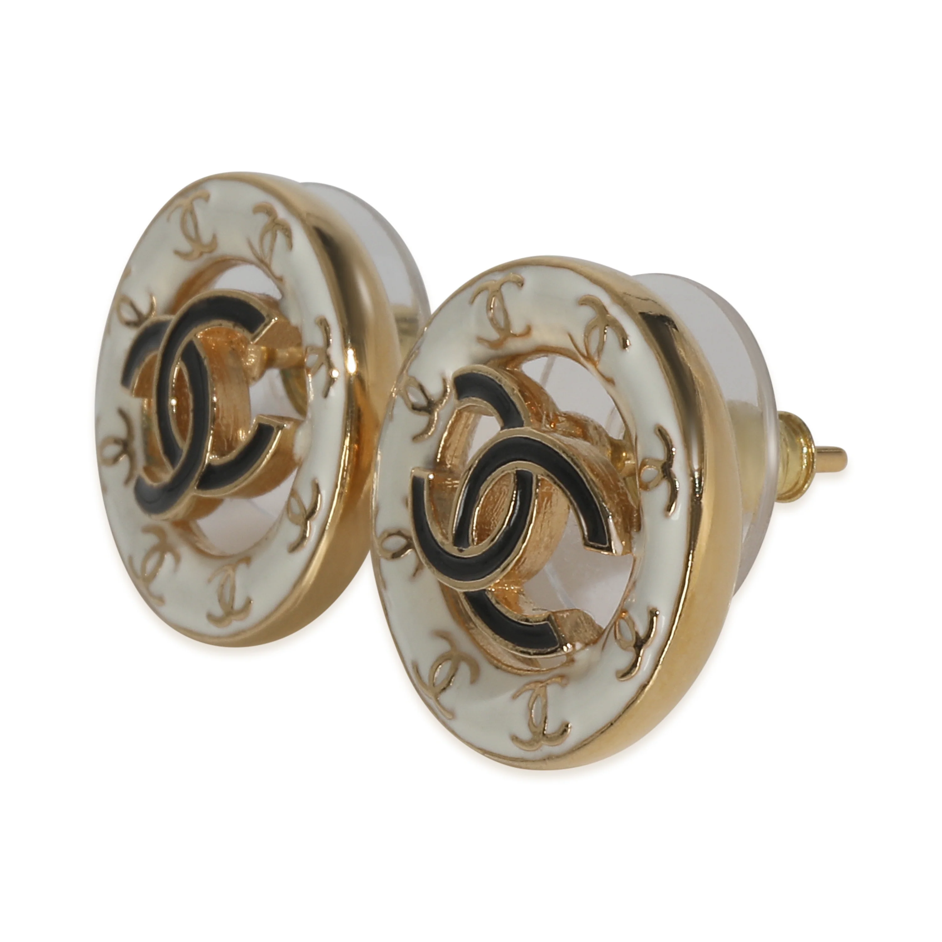 Gold-Plated  2024 White & Black Enamel CC Earrings - Image 2