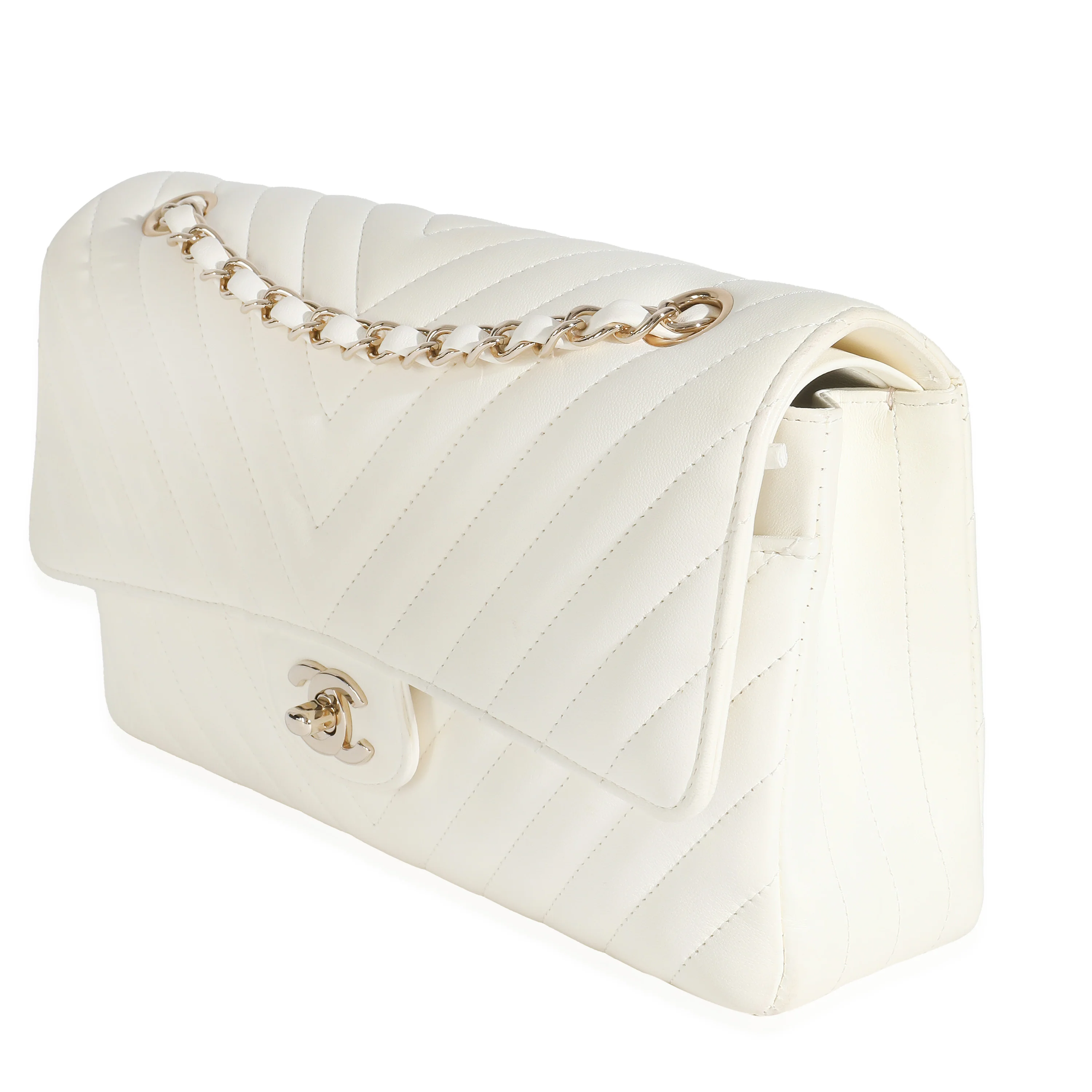 18C White Chevron Lambskin Medium Classic Double Flap Bag - Image 2