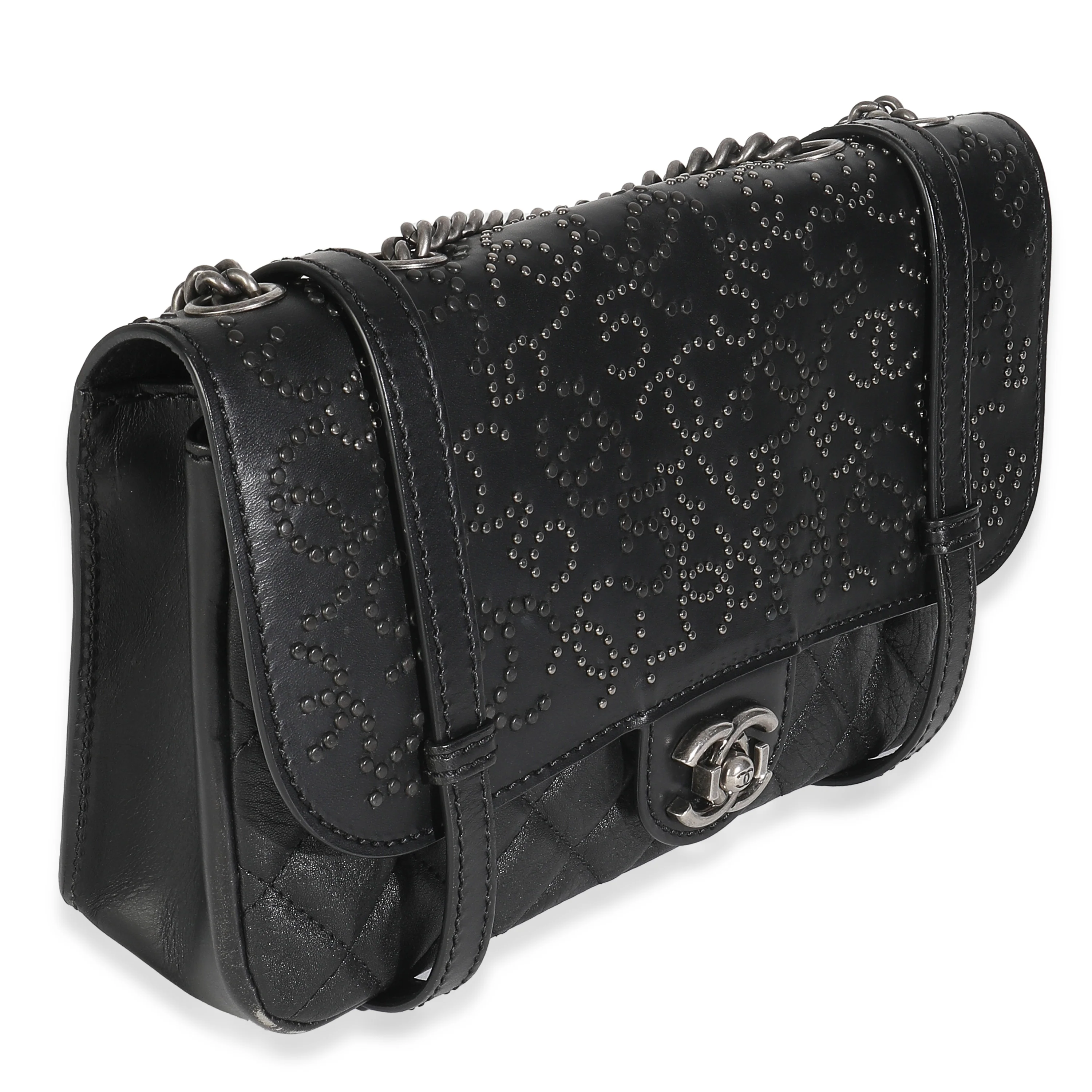 Black Paris Distressed Calfskin Dallas Studded Buckles Flap Bag - Image 3