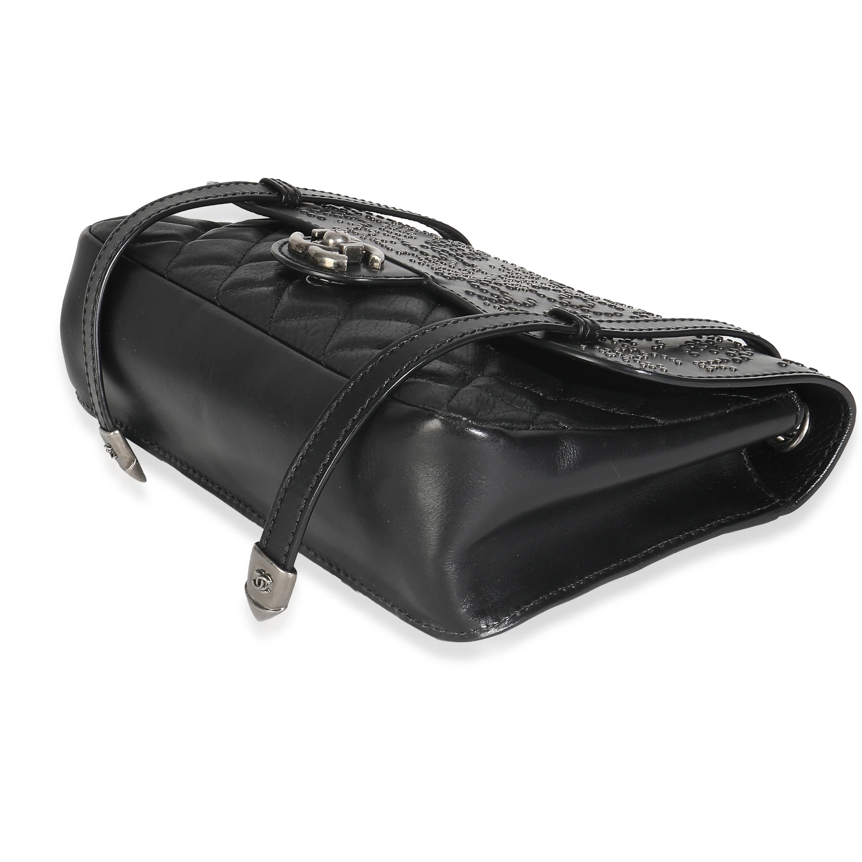 Black Paris Distressed Calfskin Dallas Studded Buckles Flap Bag - Image 7