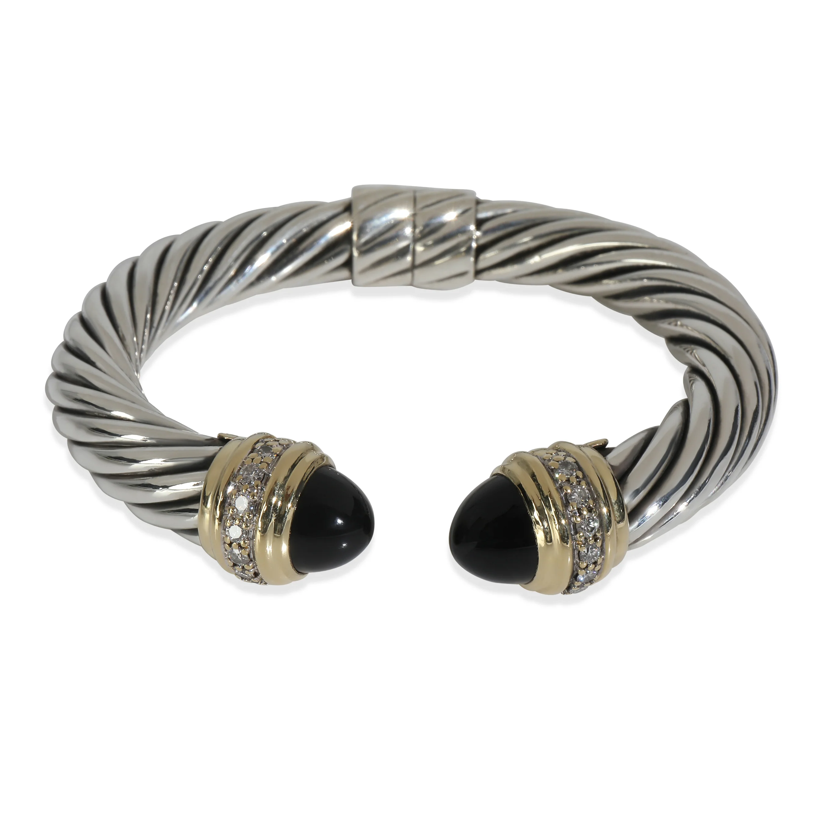 Yellow Gold & Sterling Silver Onyx and Diamond Cable Bracelet
