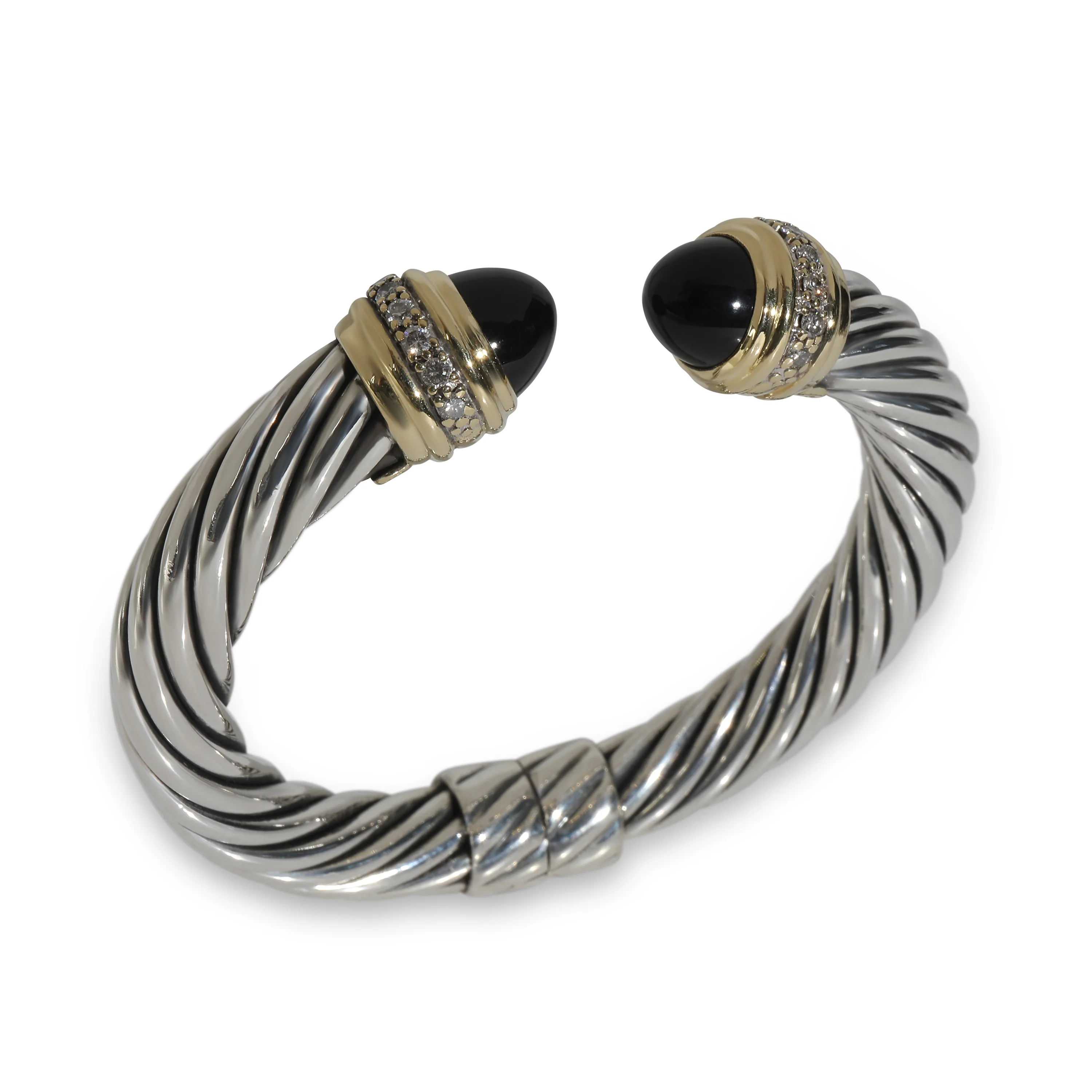 Yellow Gold & Sterling Silver Onyx and Diamond Cable Bracelet - Image 4