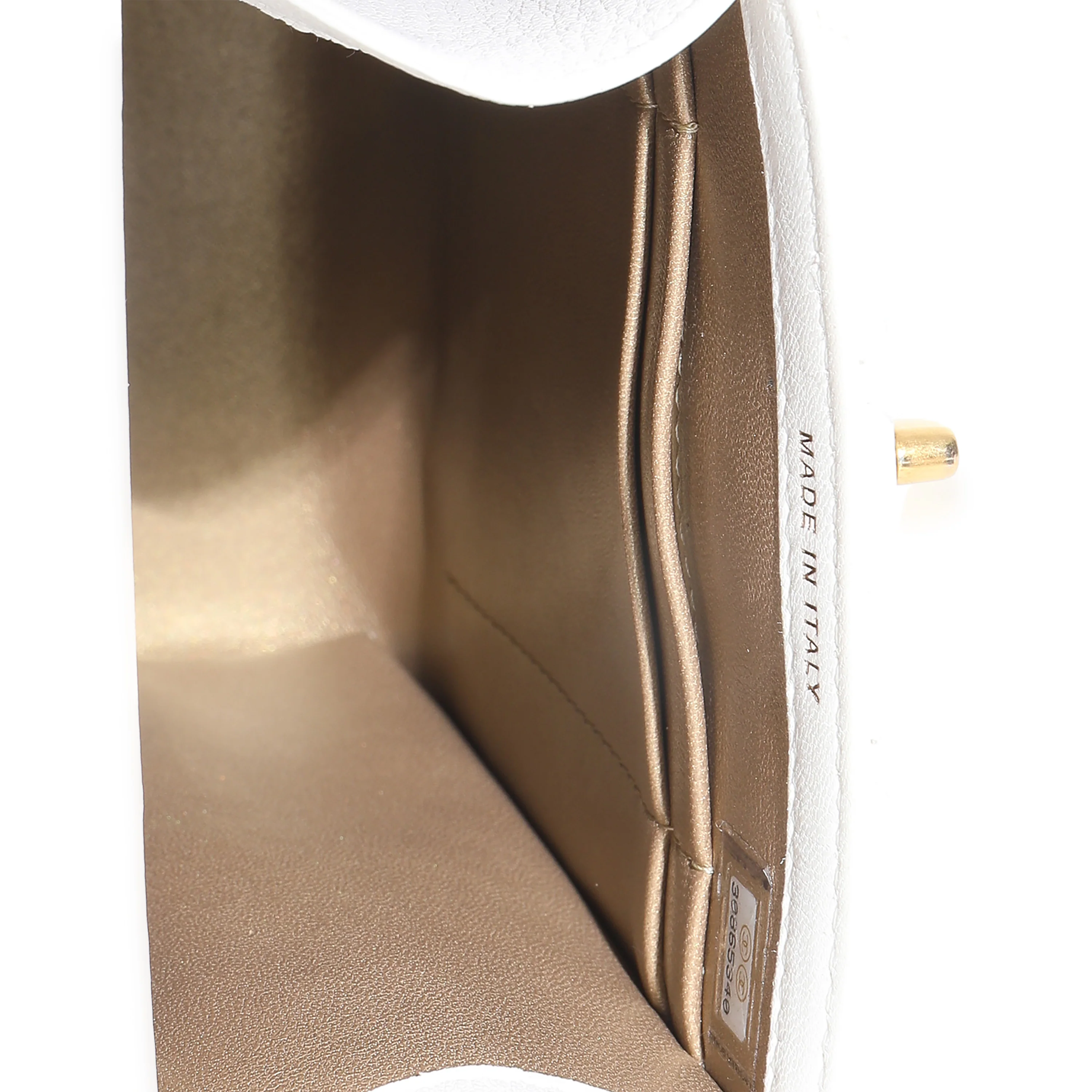 White Quilted Lambskin Pearl Crush Phone Holder With Chain - Image 7