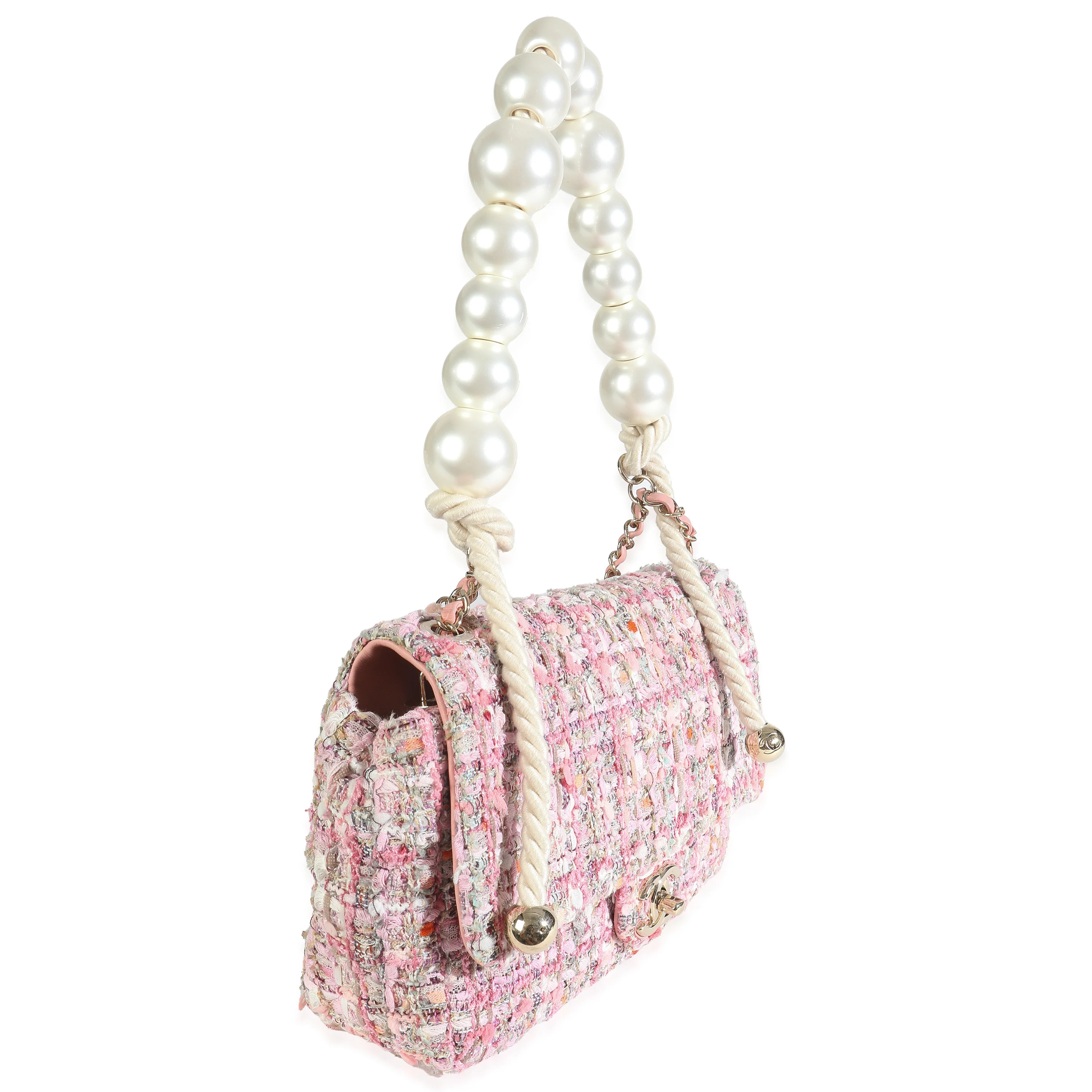 Pink Beige Orange Ecru Tweed Medium Pearl Handle Flap Bag - Image 3