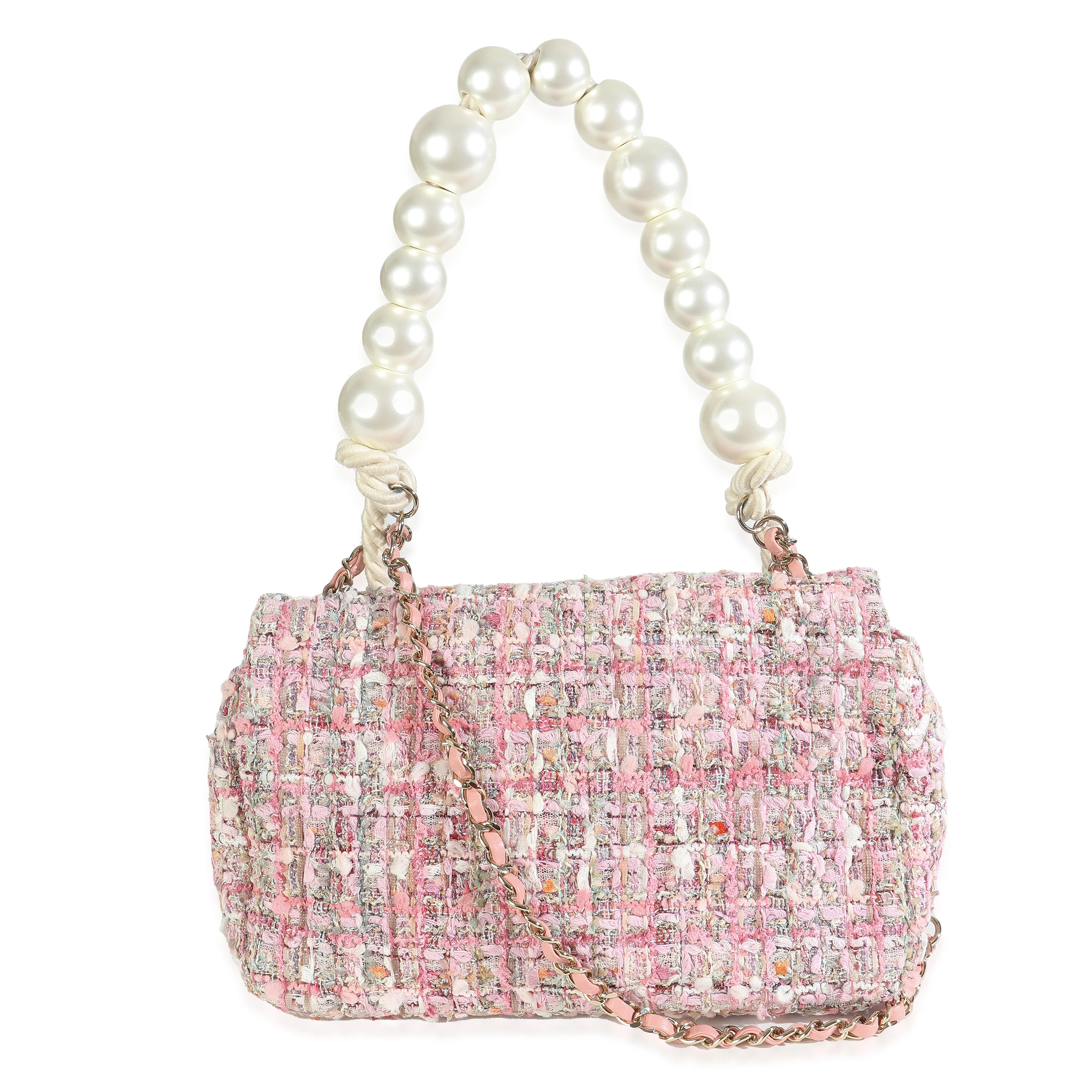 Pink Beige Orange Ecru Tweed Medium Pearl Handle Flap Bag - Image 4