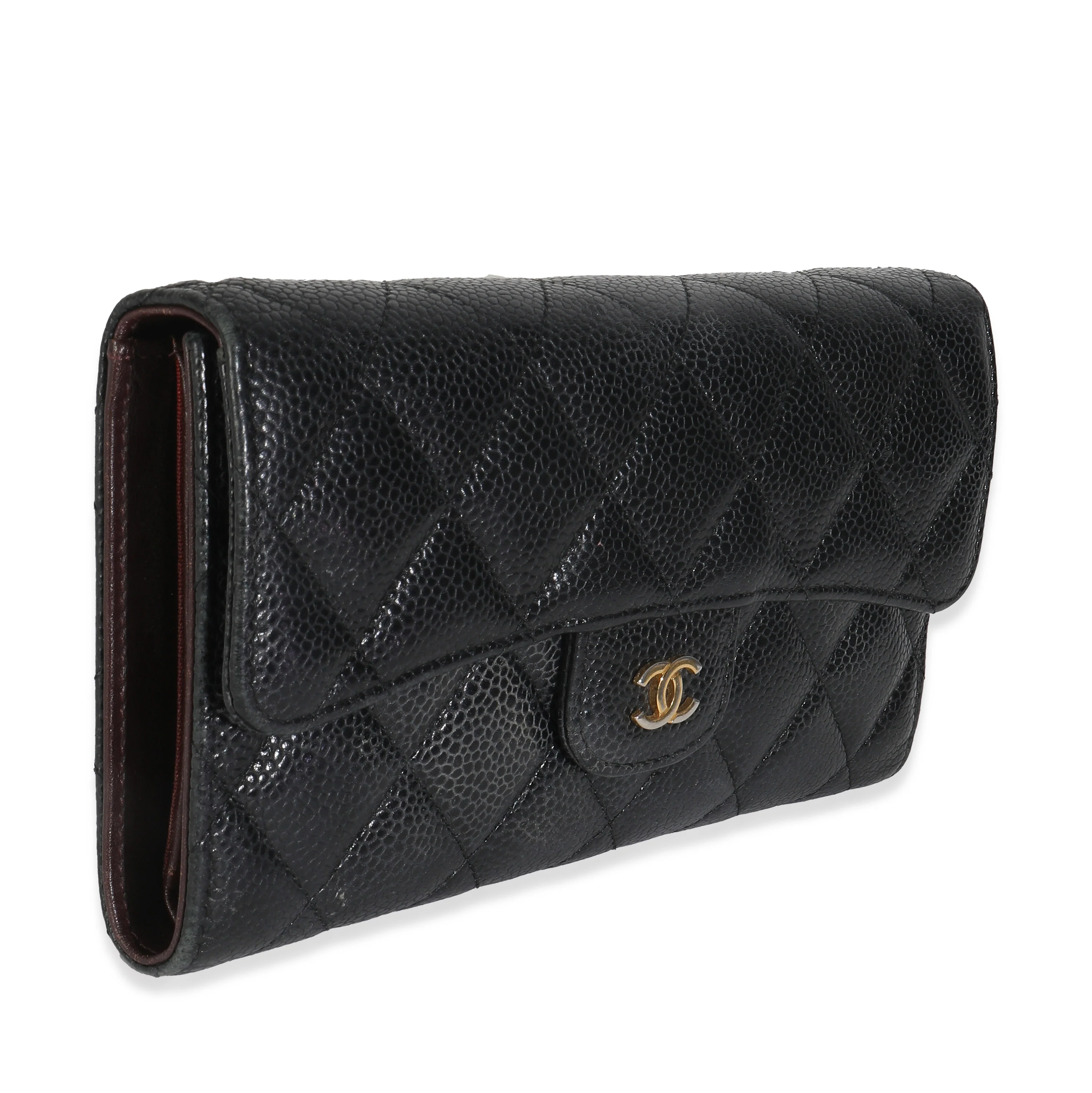 Black Quilted Caviar Large Flap Wallet - Image 3