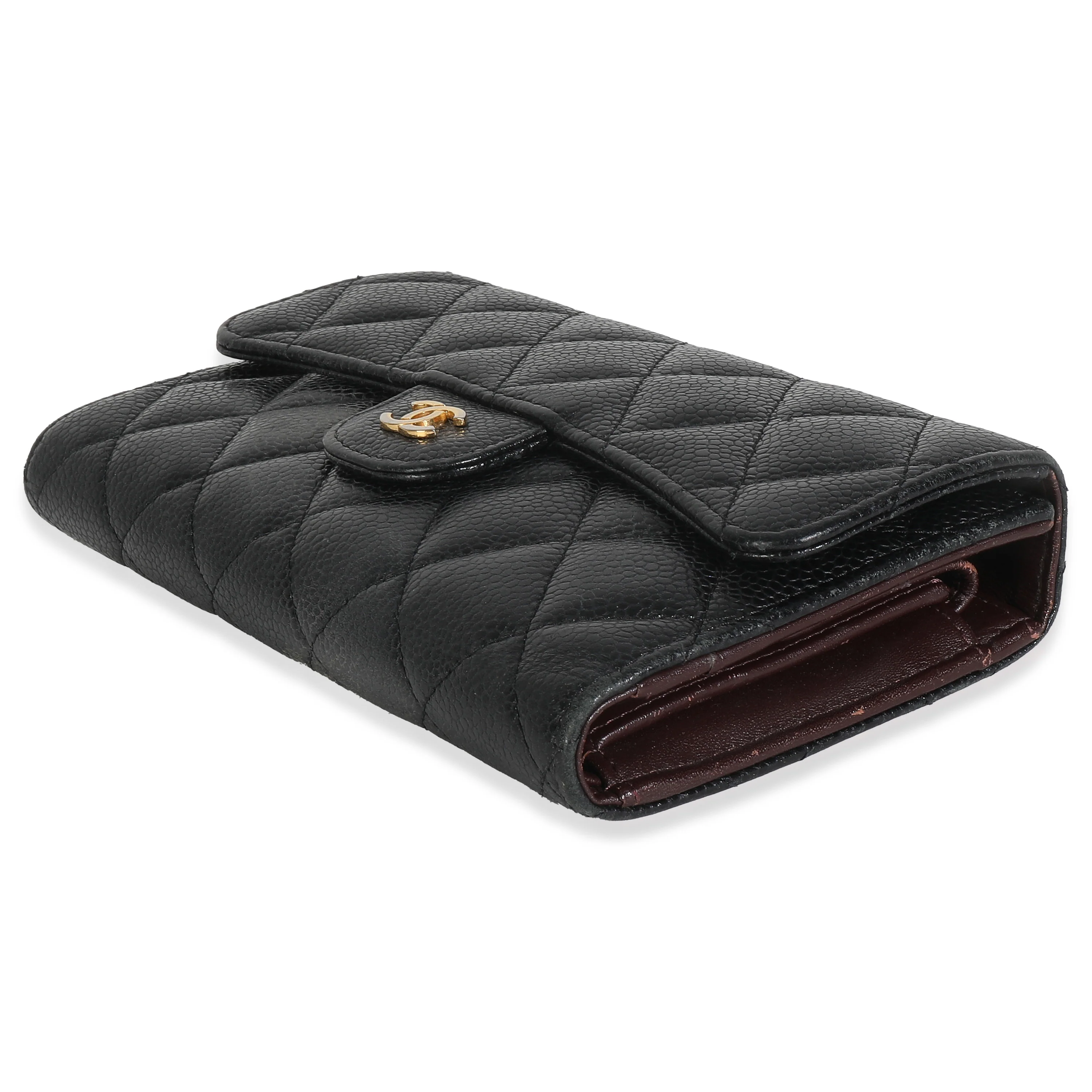 Black Quilted Caviar Large Flap Wallet - Image 6