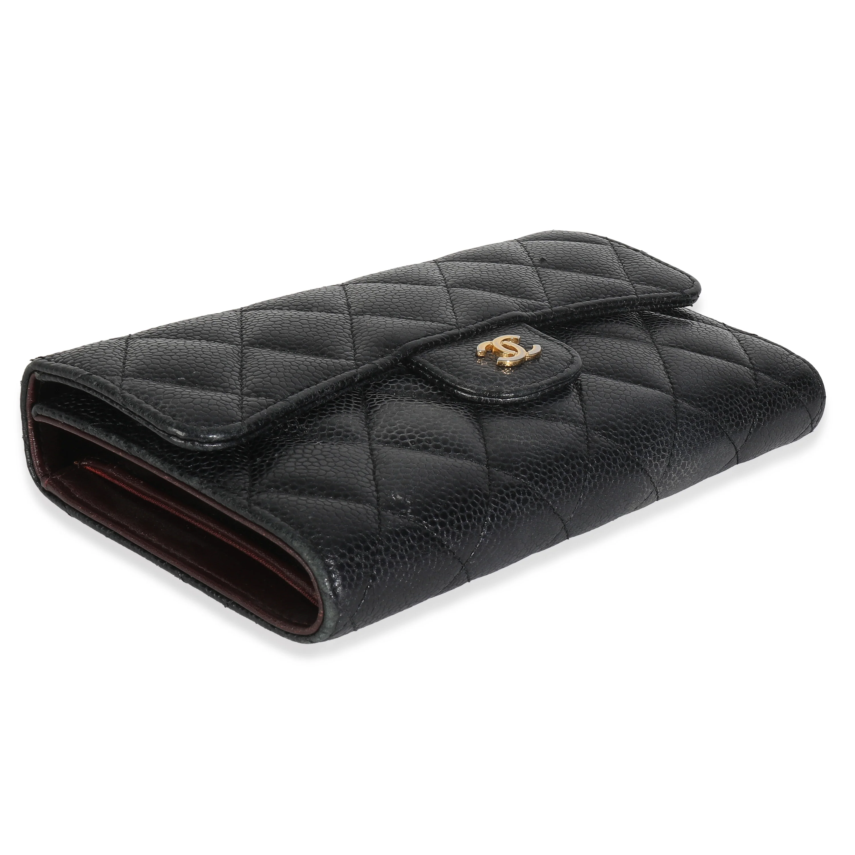 Black Quilted Caviar Large Flap Wallet - Image 7
