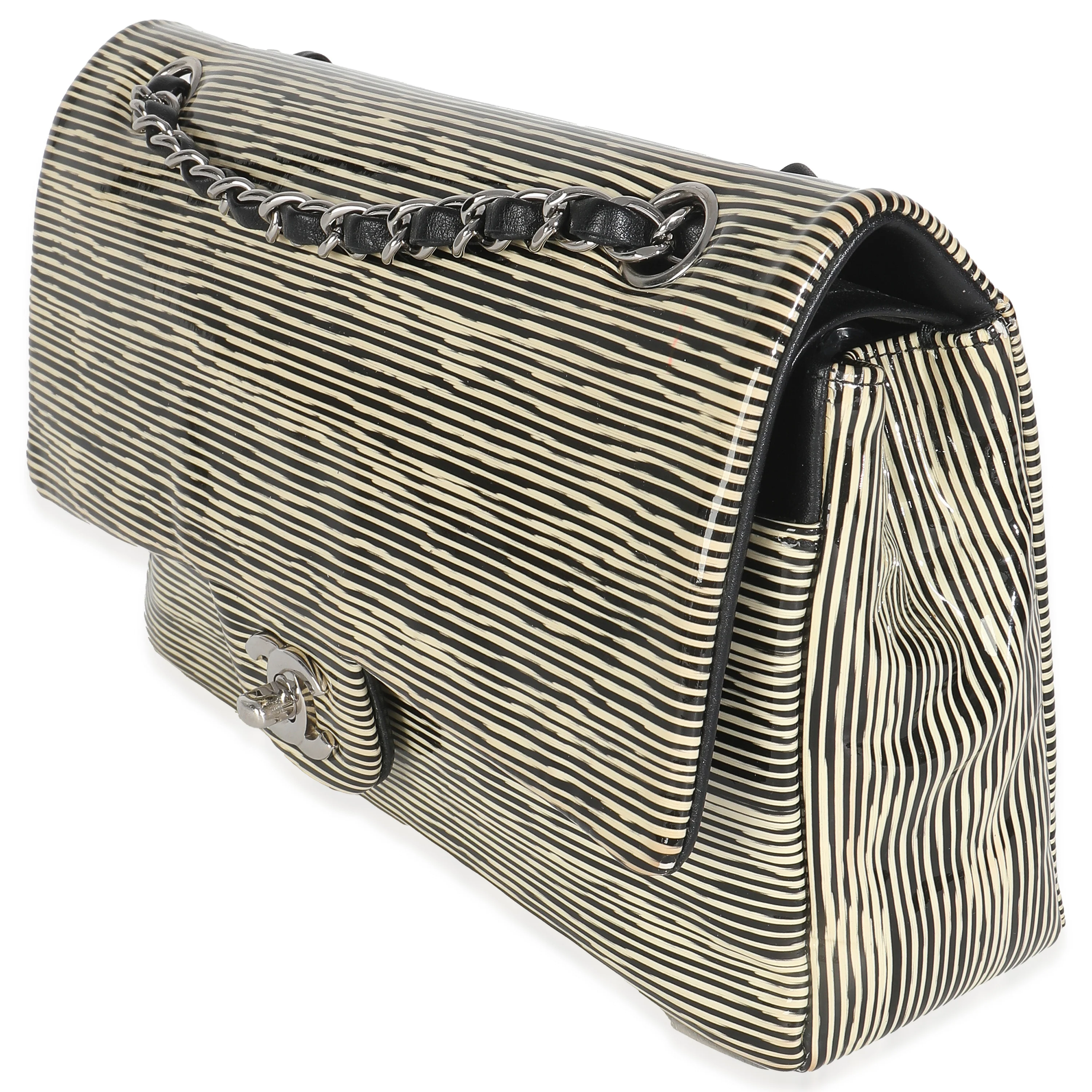 Black White Striped Patent Medium Classic Double Flap Bag - Image 2