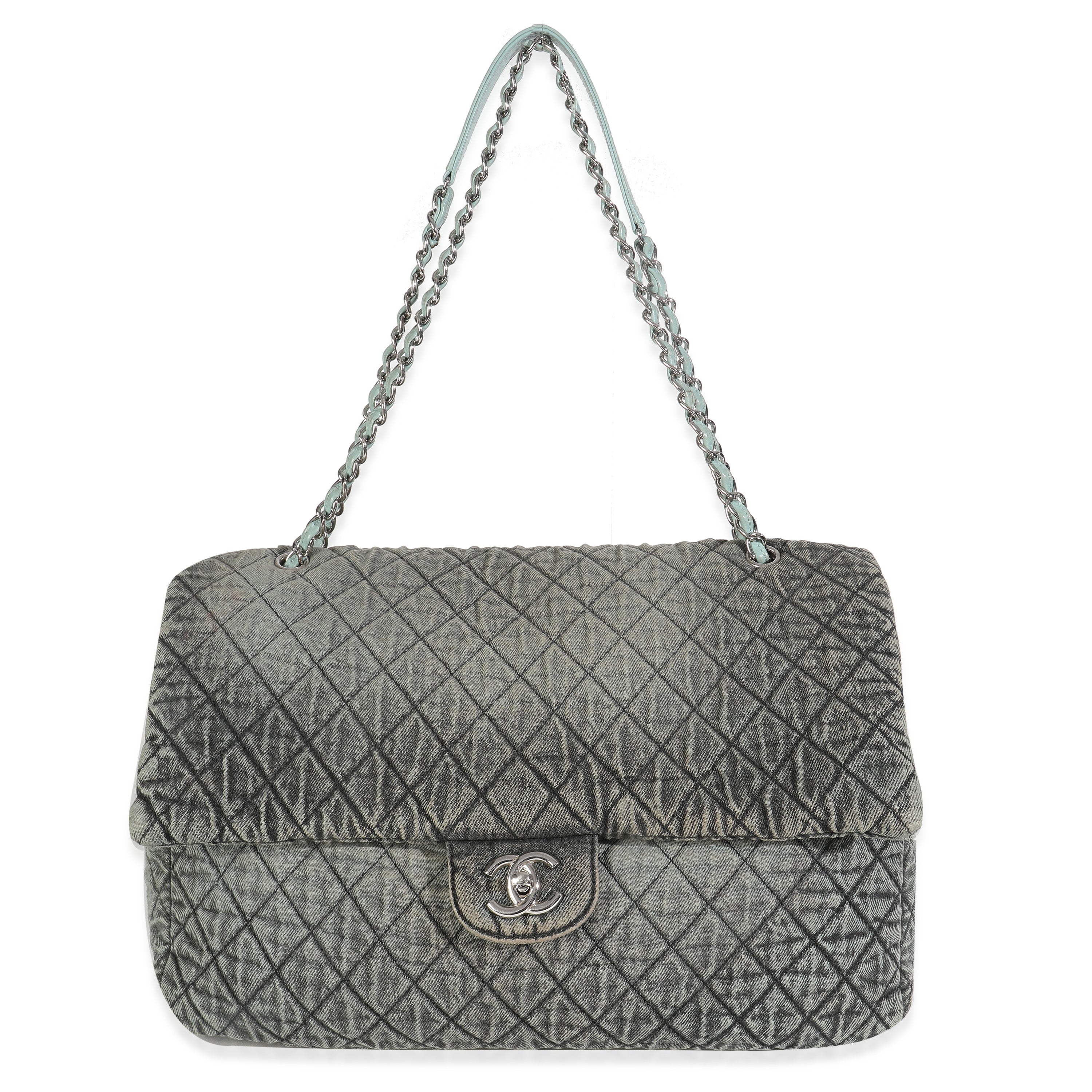 Blue Black Quilted Distressed Denim Denimpression XXL Flap Bag