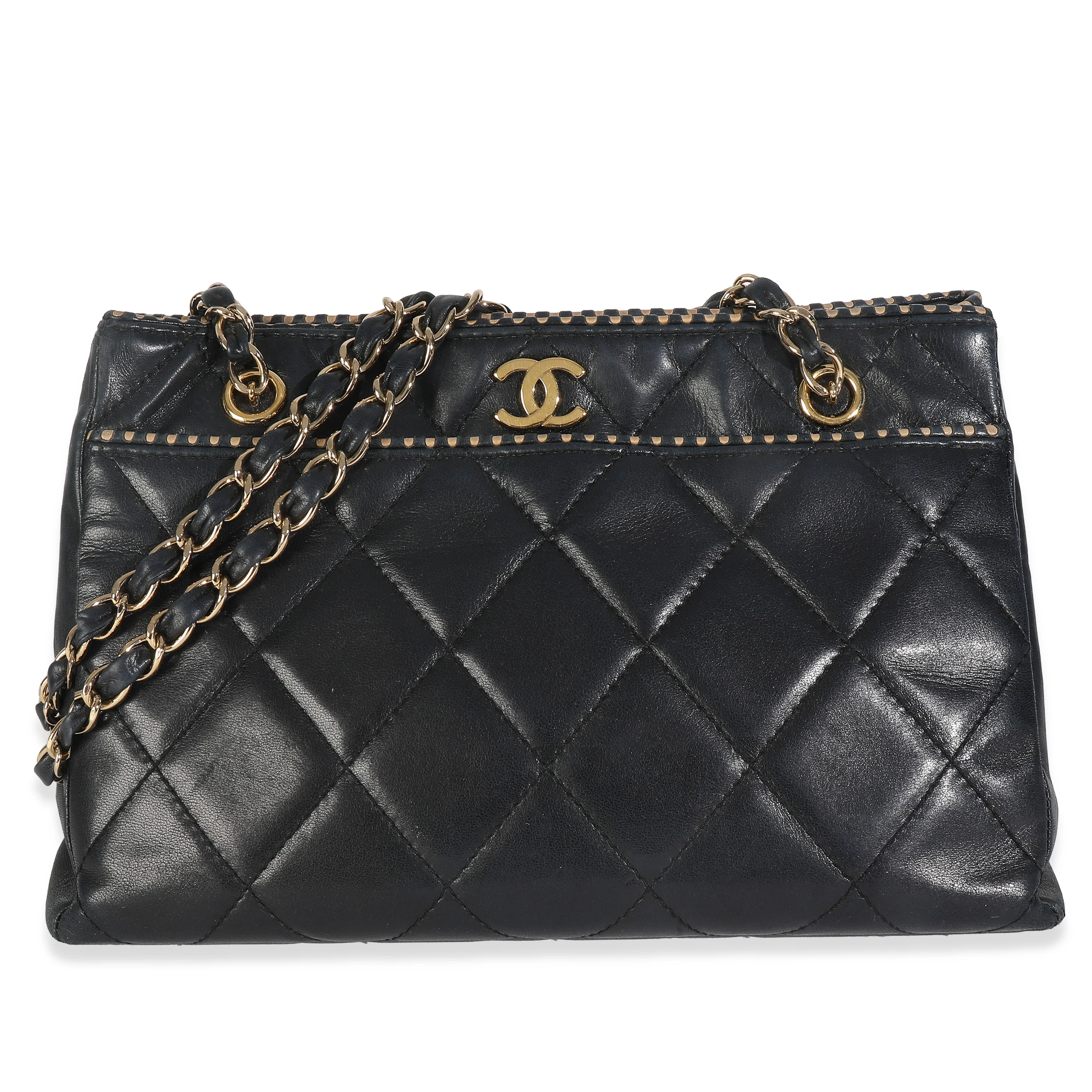Vintage Beige Cut Out Black Quilted Lambskin Chain Tote
