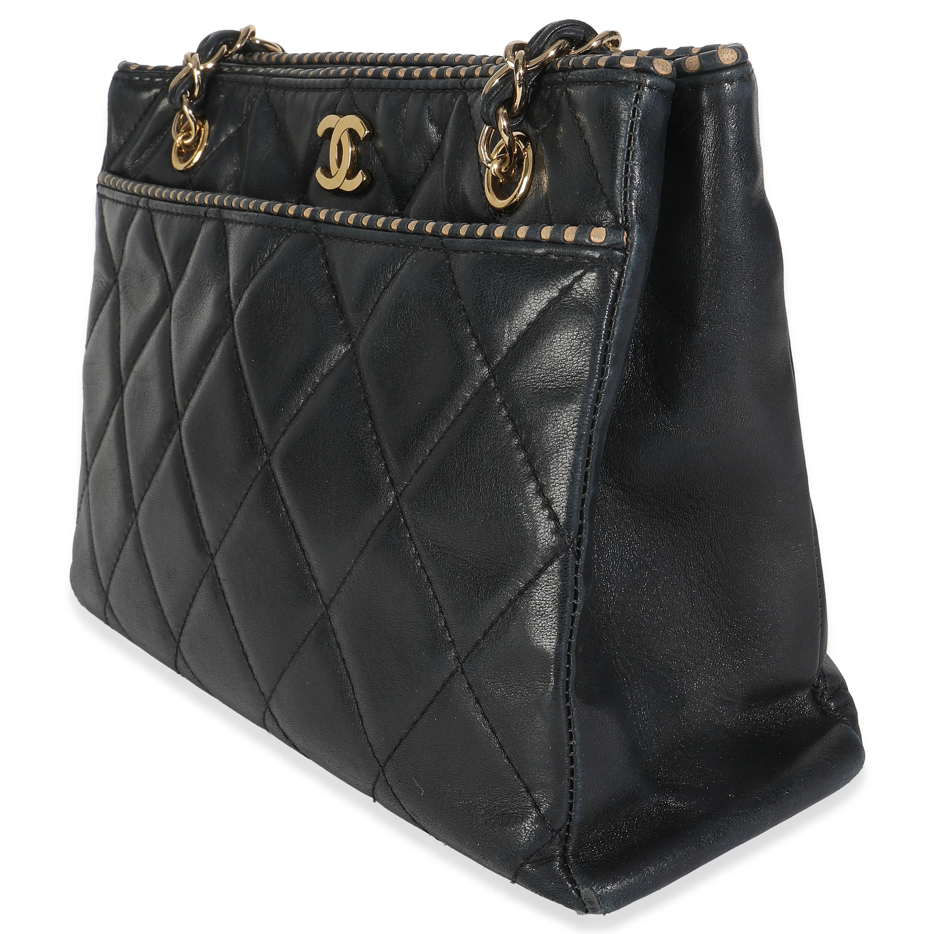 Vintage Beige Cut Out Black Quilted Lambskin Chain Tote - Image 2