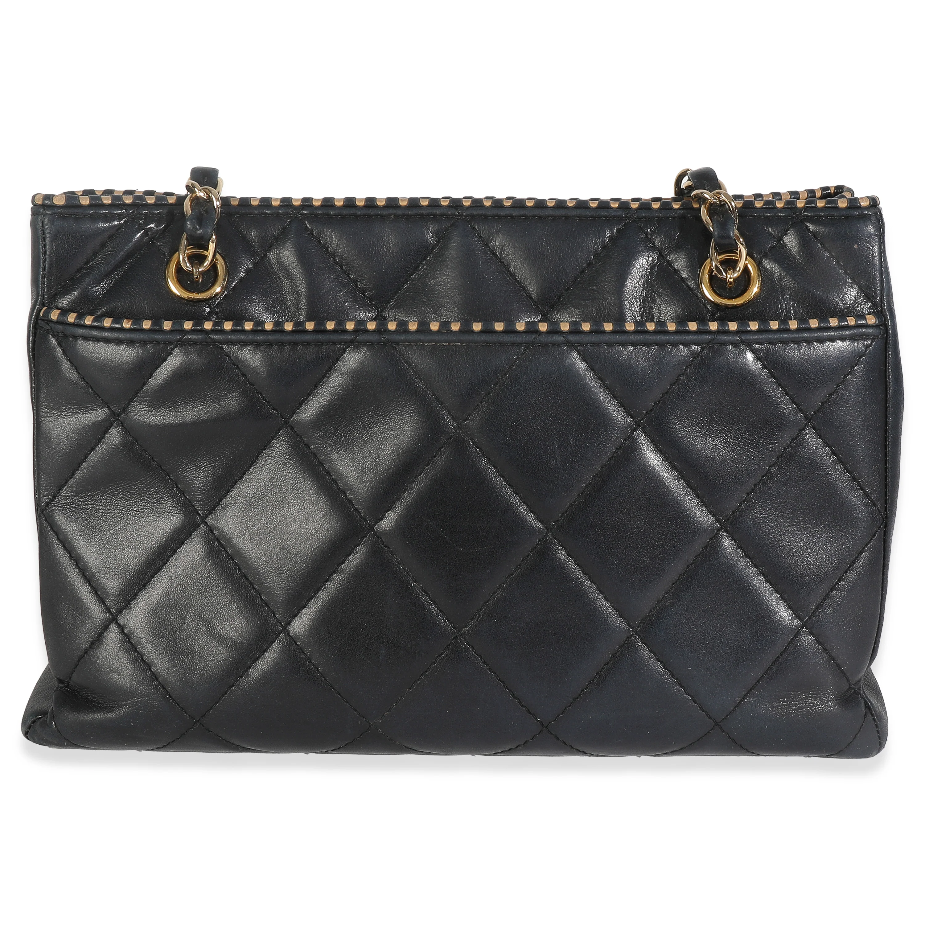 Vintage Beige Cut Out Black Quilted Lambskin Chain Tote - Image 4