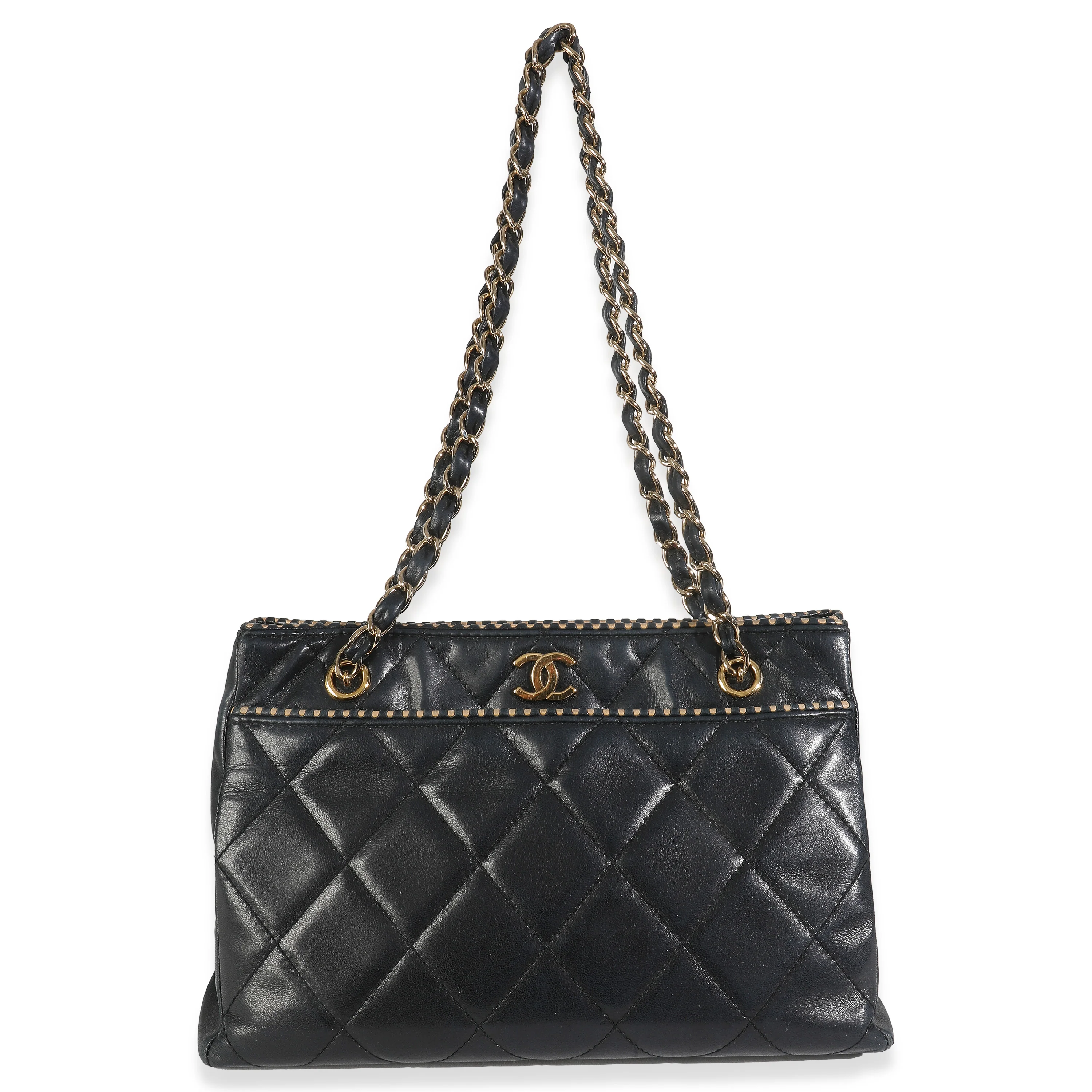 Vintage Beige Cut Out Black Quilted Lambskin Chain Tote - Image 8