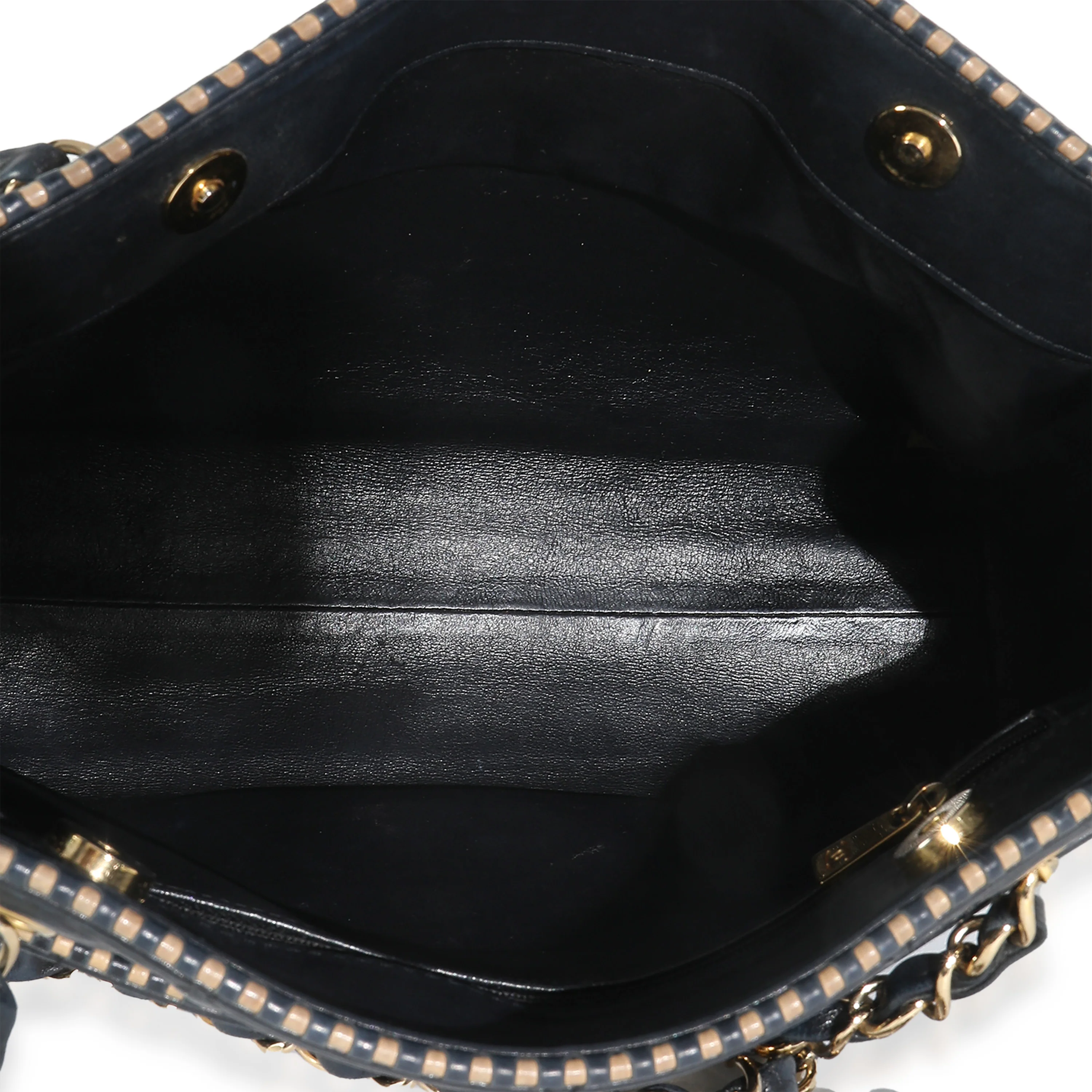 Vintage Beige Cut Out Black Quilted Lambskin Chain Tote - Image 9