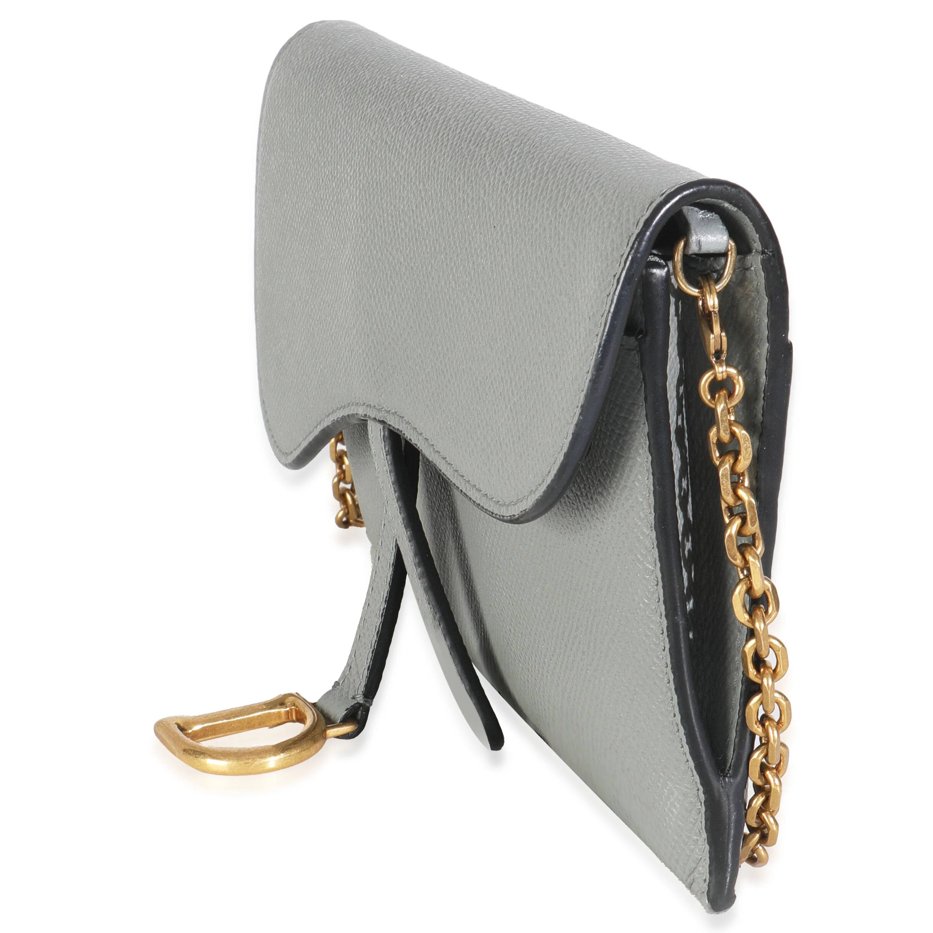 Grey Stone Grained Calfskin Saddle Chain Wallet Pouch - Image 2