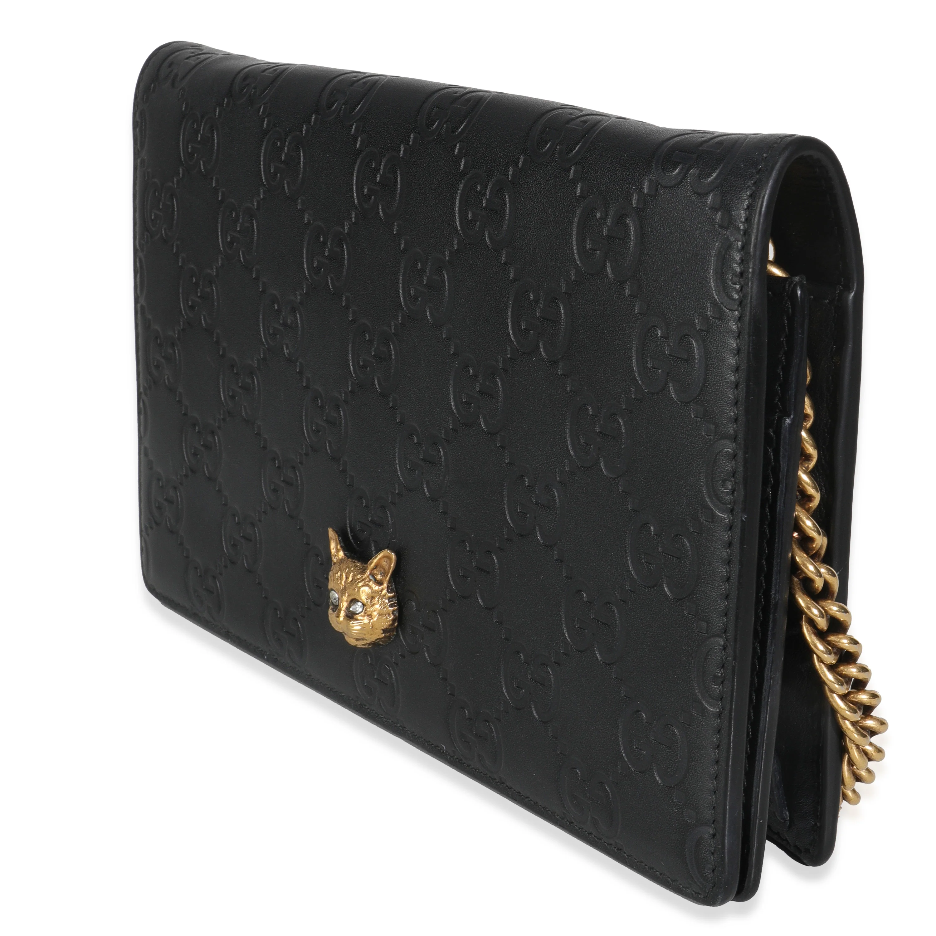 Black Guccissima Calfskin Crystal Cat Wallet On Chain - Image 2