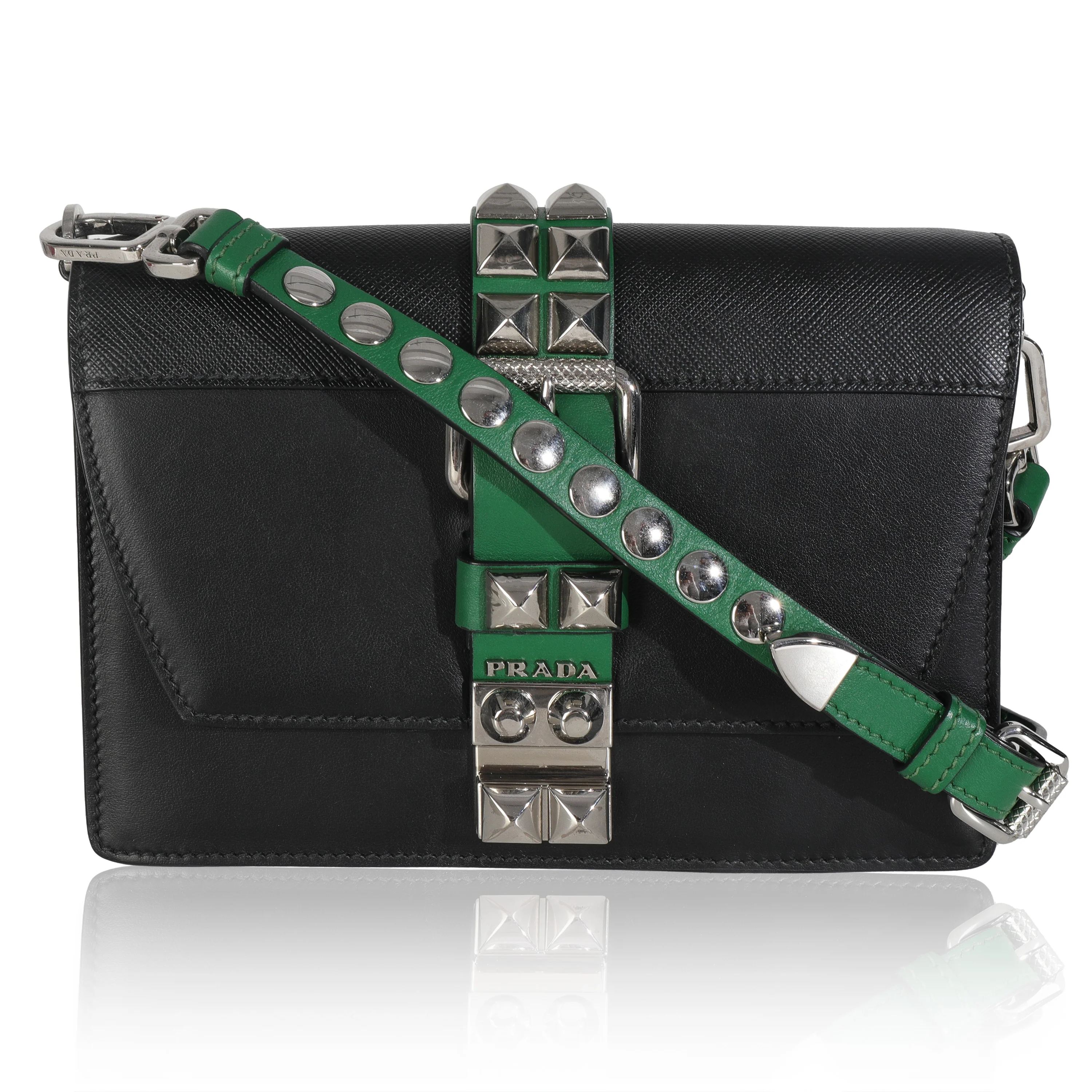Black Saffiano City Calfskin Studded Small Elektra Shoulder Bag