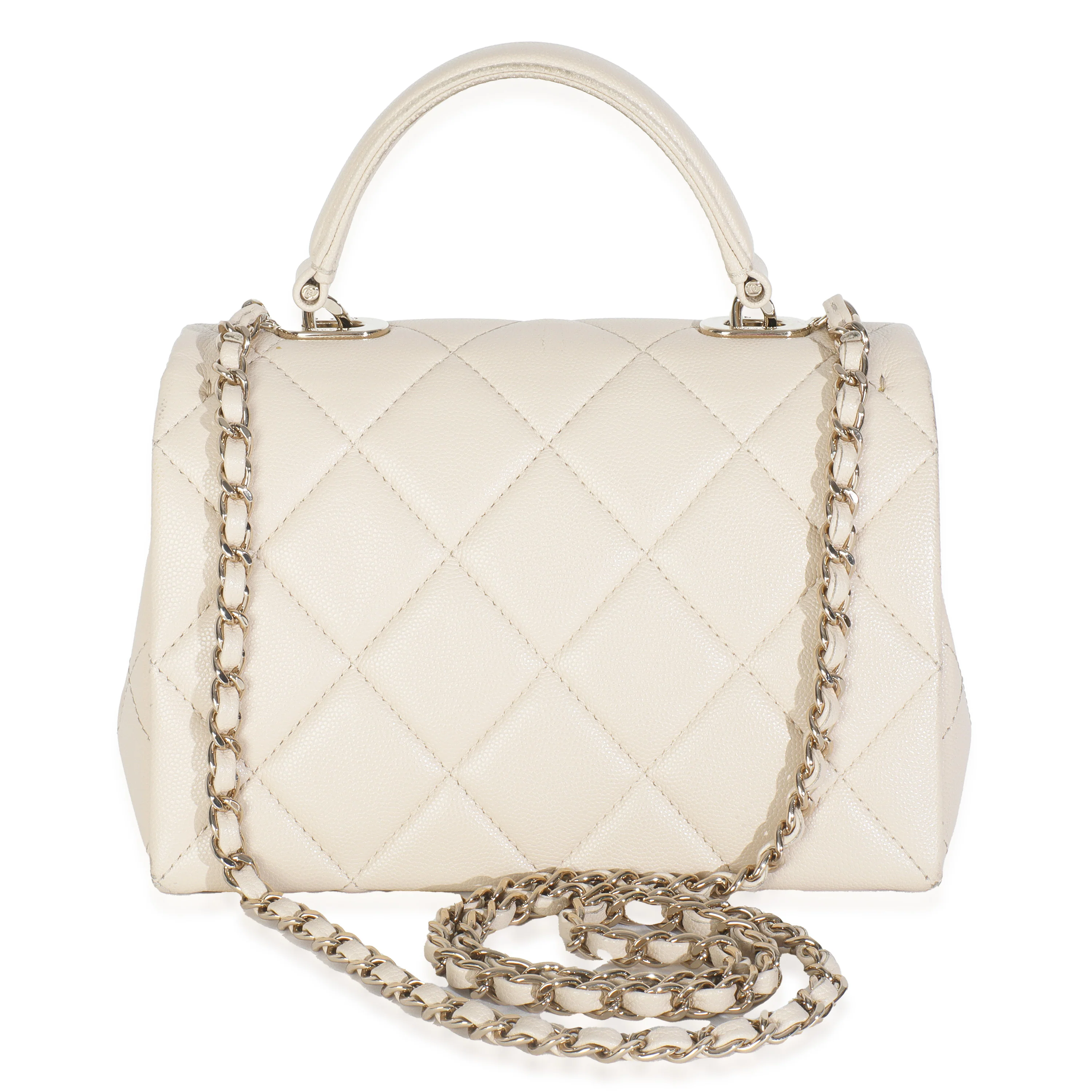Beige Quilted Caviar Mini Retro Twist Top Handle Flap Handbag - Image 5