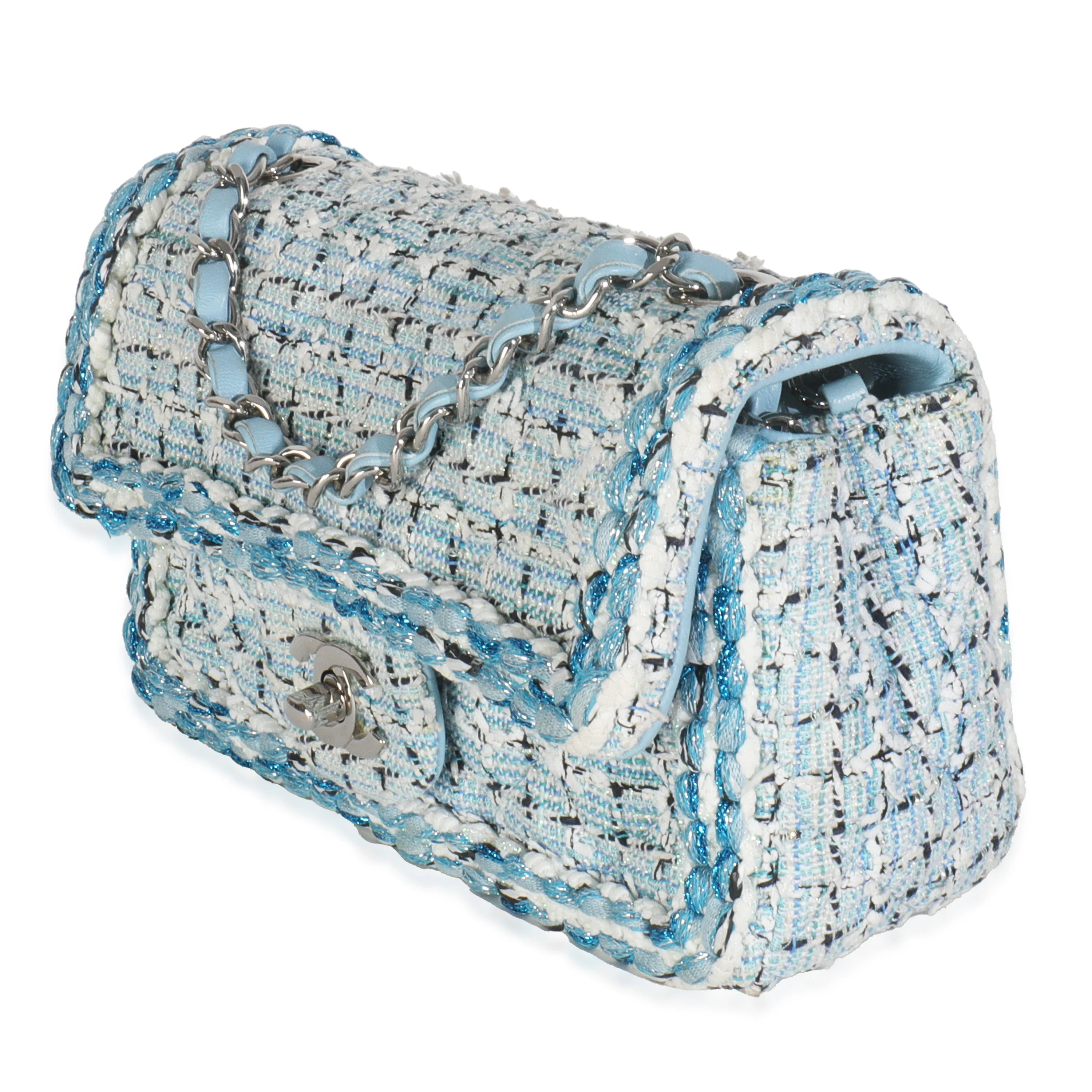 Blue White Quilted Metallic Tweed Braided Mini Rectangular Flap Bag - Image 2
