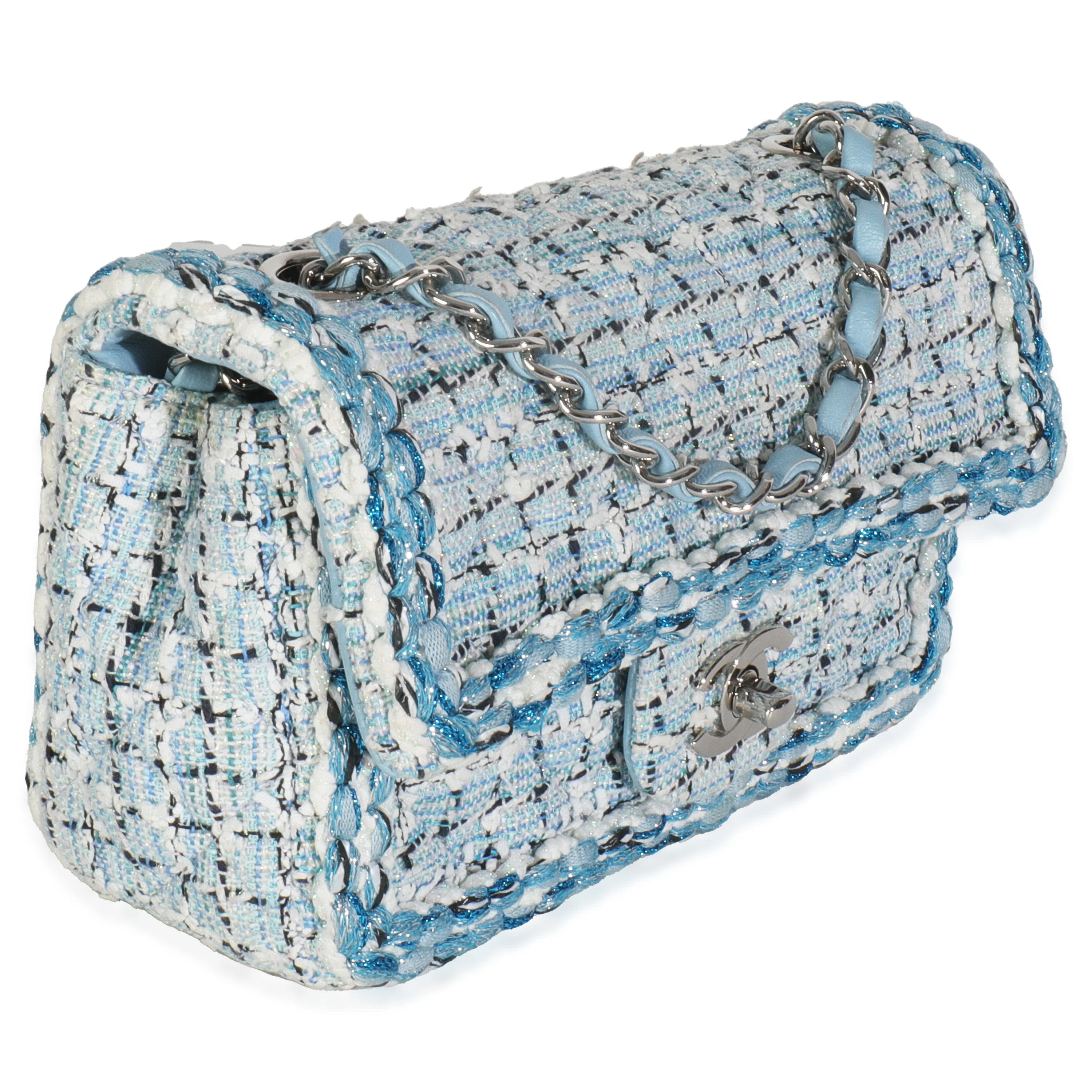 Blue White Quilted Metallic Tweed Braided Mini Rectangular Flap Bag - Image 3