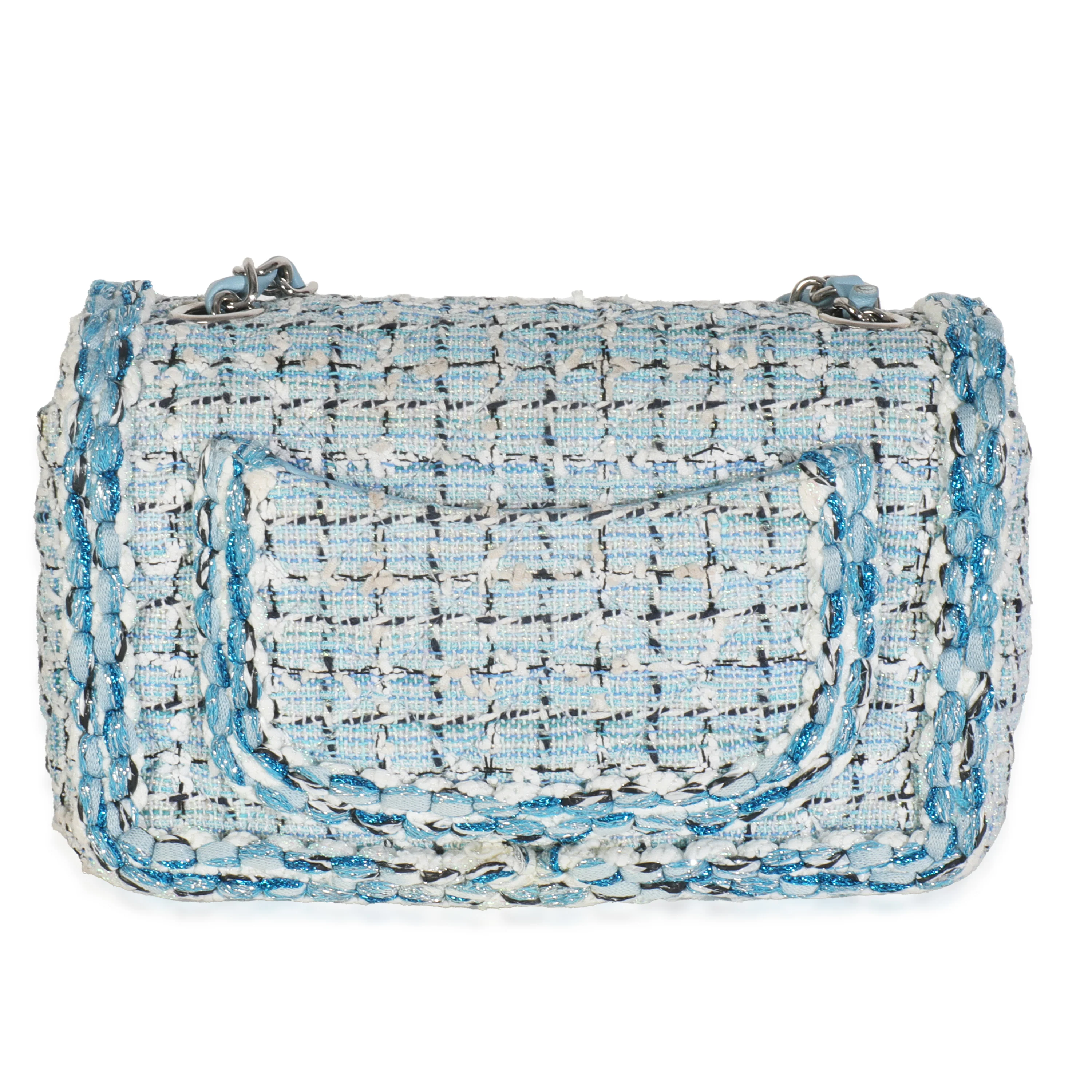 Blue White Quilted Metallic Tweed Braided Mini Rectangular Flap Bag - Image 4