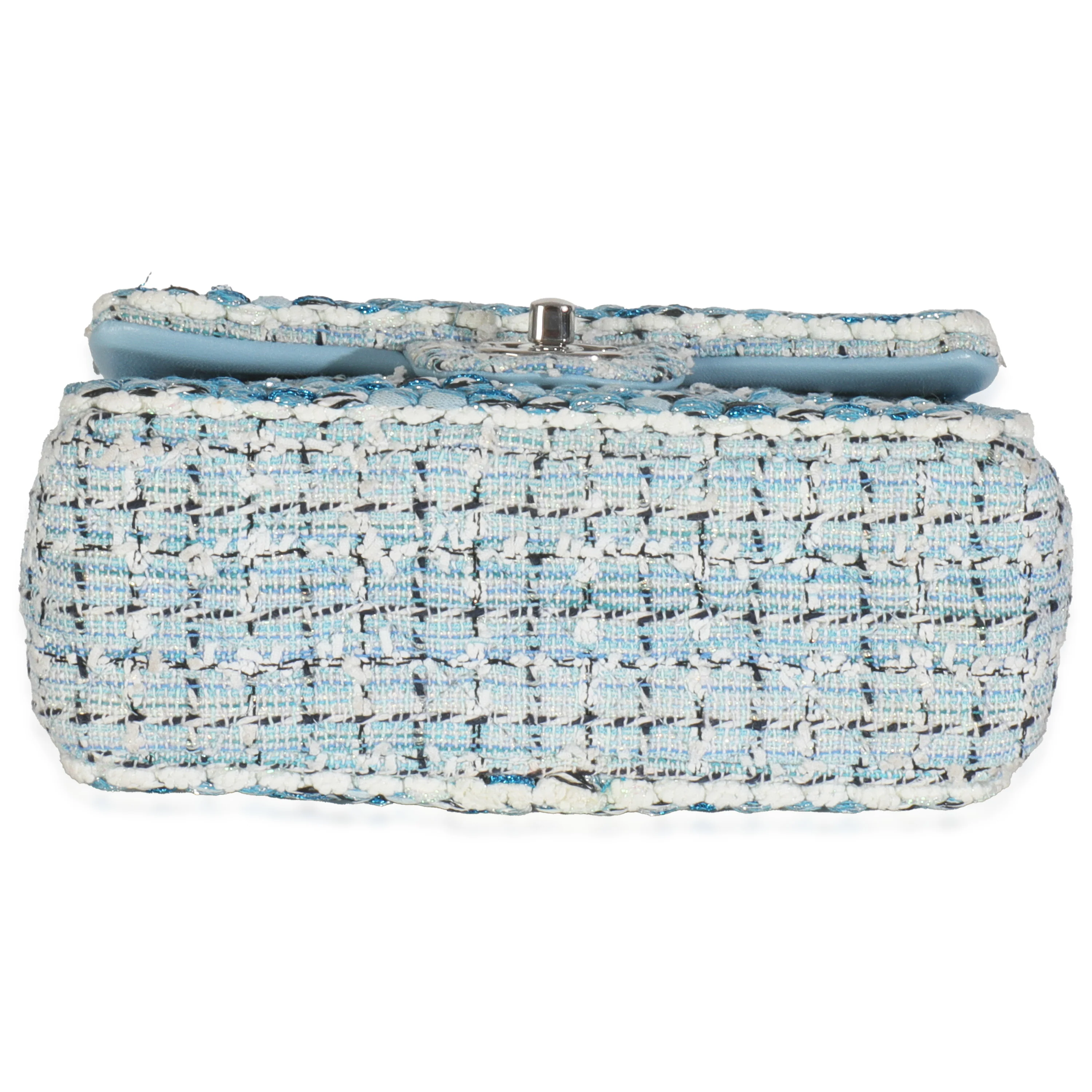 Blue White Quilted Metallic Tweed Braided Mini Rectangular Flap Bag - Image 5