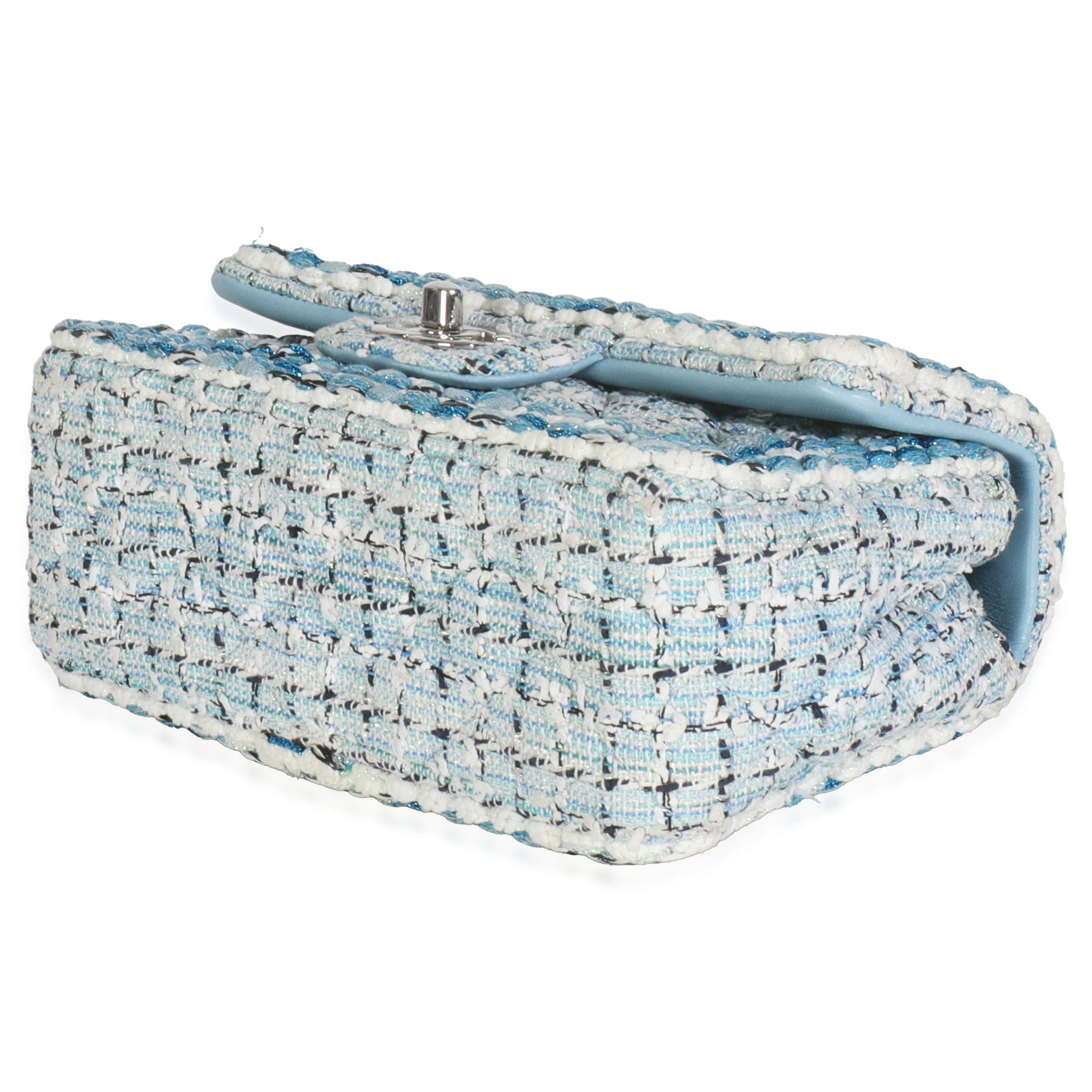 Blue White Quilted Metallic Tweed Braided Mini Rectangular Flap Bag - Image 6